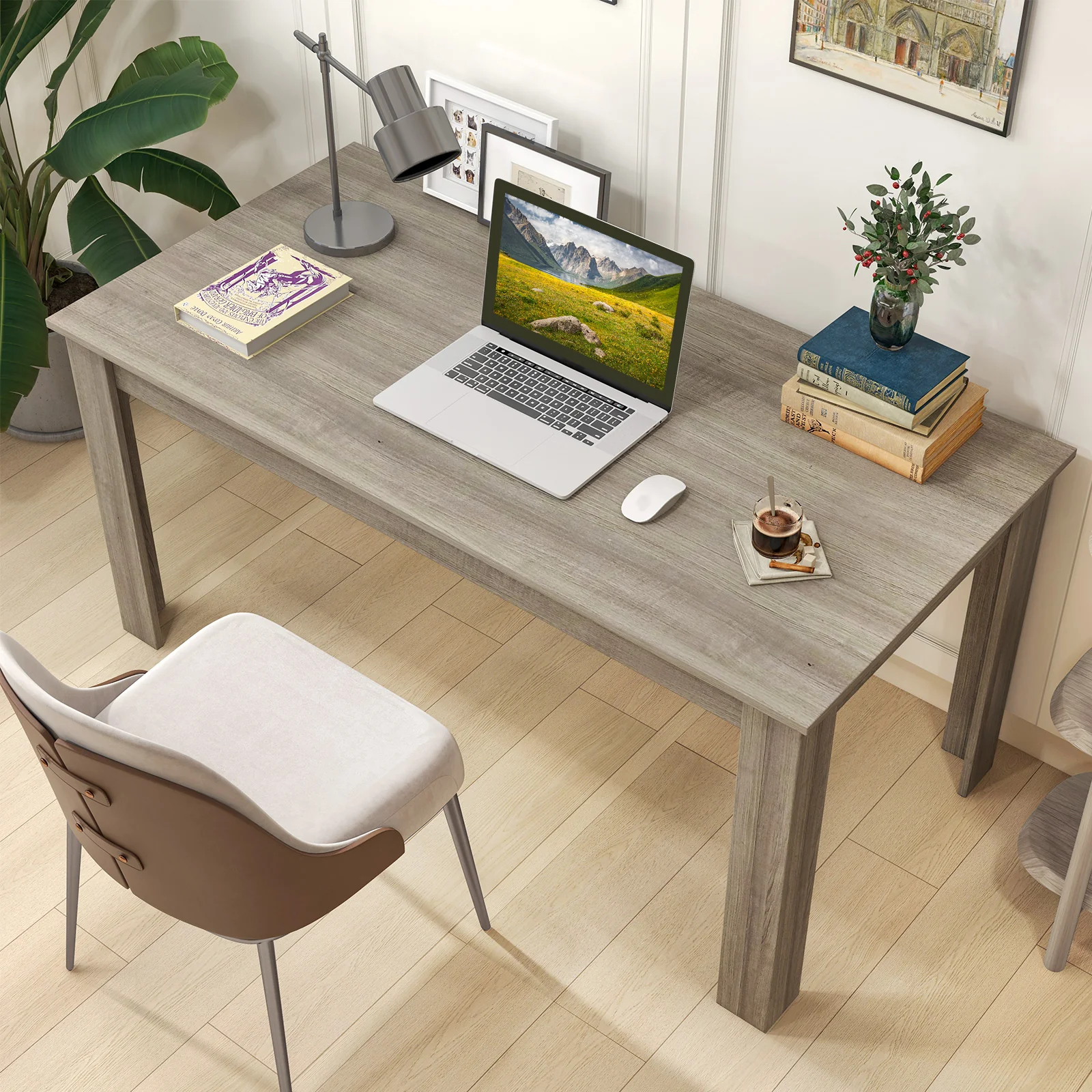 63 Inch Rectangular Modern Dining Kitchen Table, Light Gray - Image 3