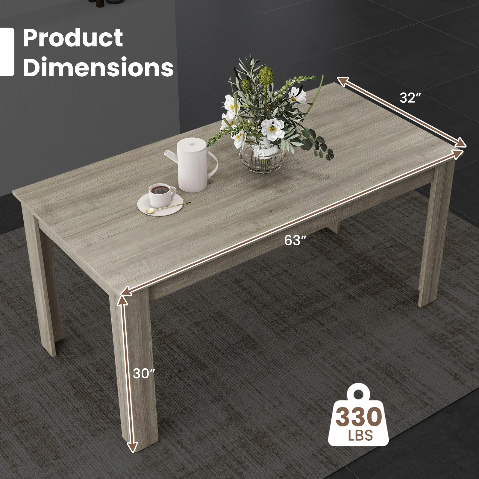 63 Inch Rectangular Modern Dining Kitchen Table, Light Gray - Image 5
