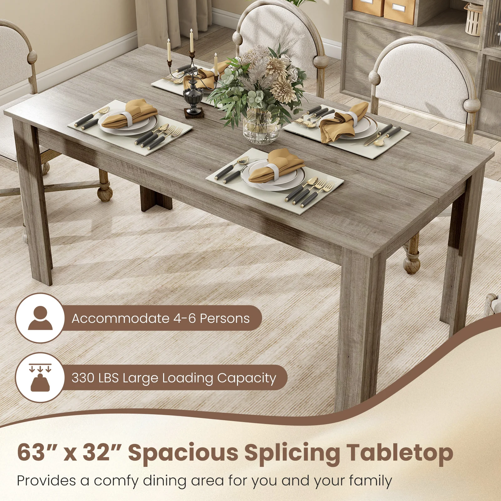 63 Inch Rectangular Modern Dining Kitchen Table, Light Gray - Image 6