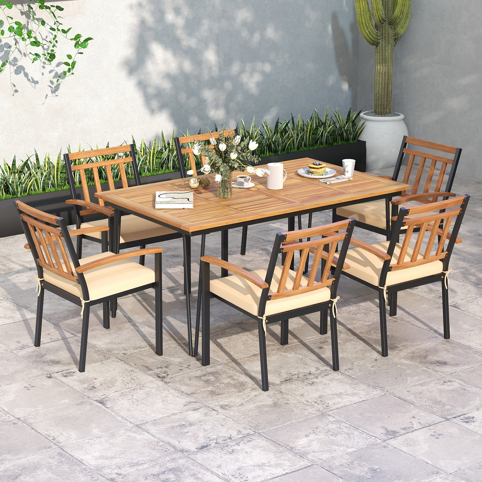 63 Inch Rectangular Outdoor Dining Table, Acacia Wood, Natural, Black - Image 2