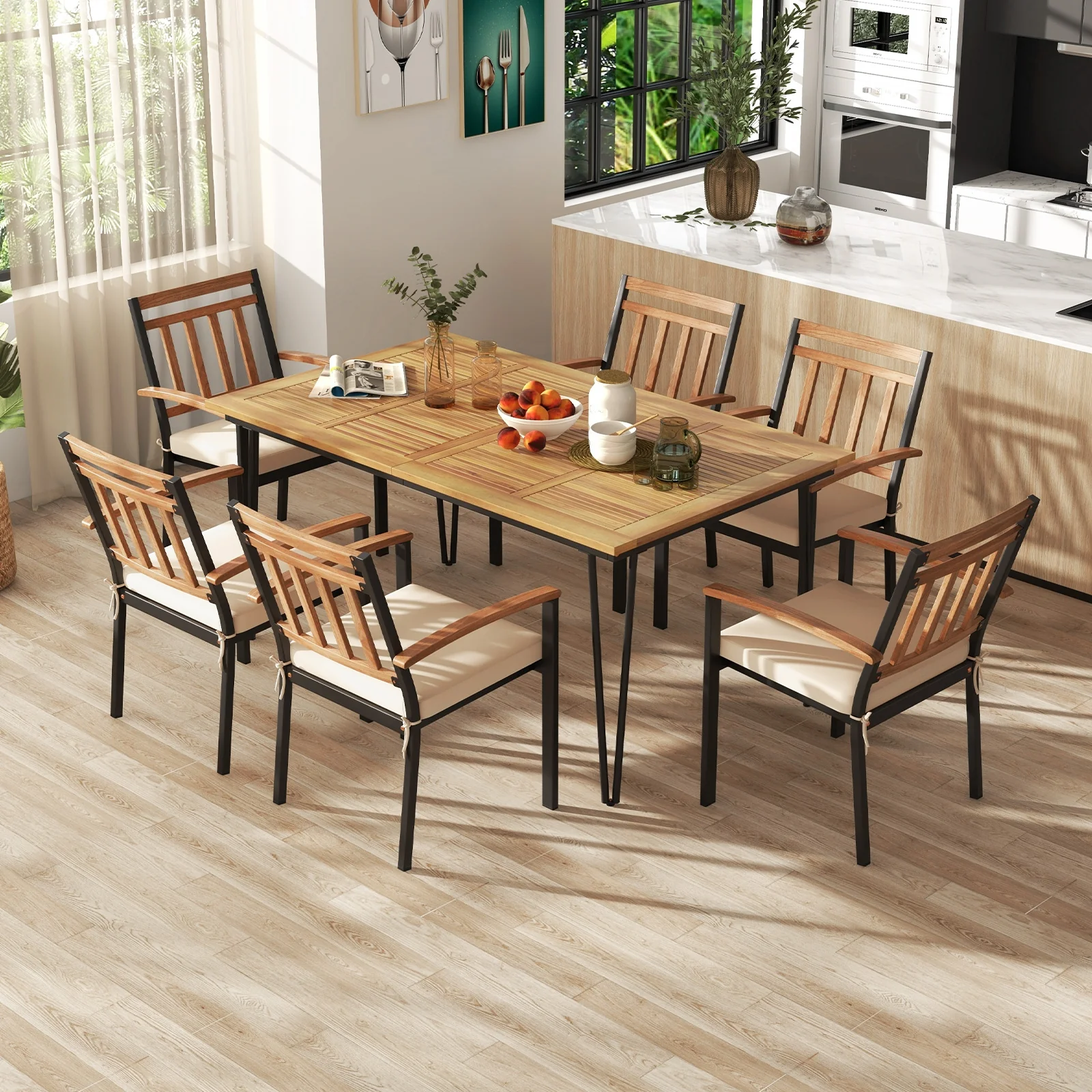 63 Inch Rectangular Outdoor Dining Table, Acacia Wood, Natural, Black - Image 3
