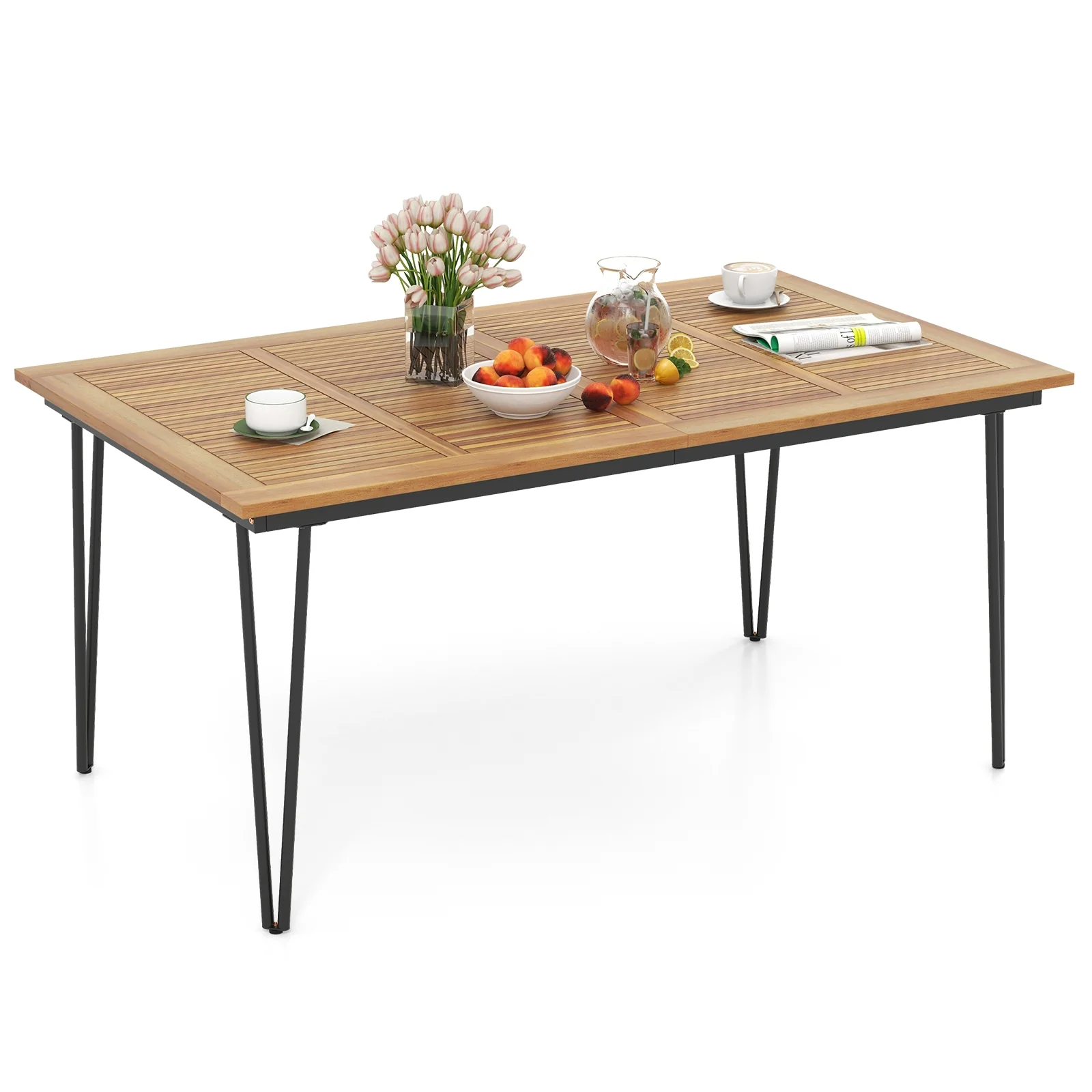 63 Inch Rectangular Outdoor Dining Table, Acacia Wood, Natural, Black - Image 5