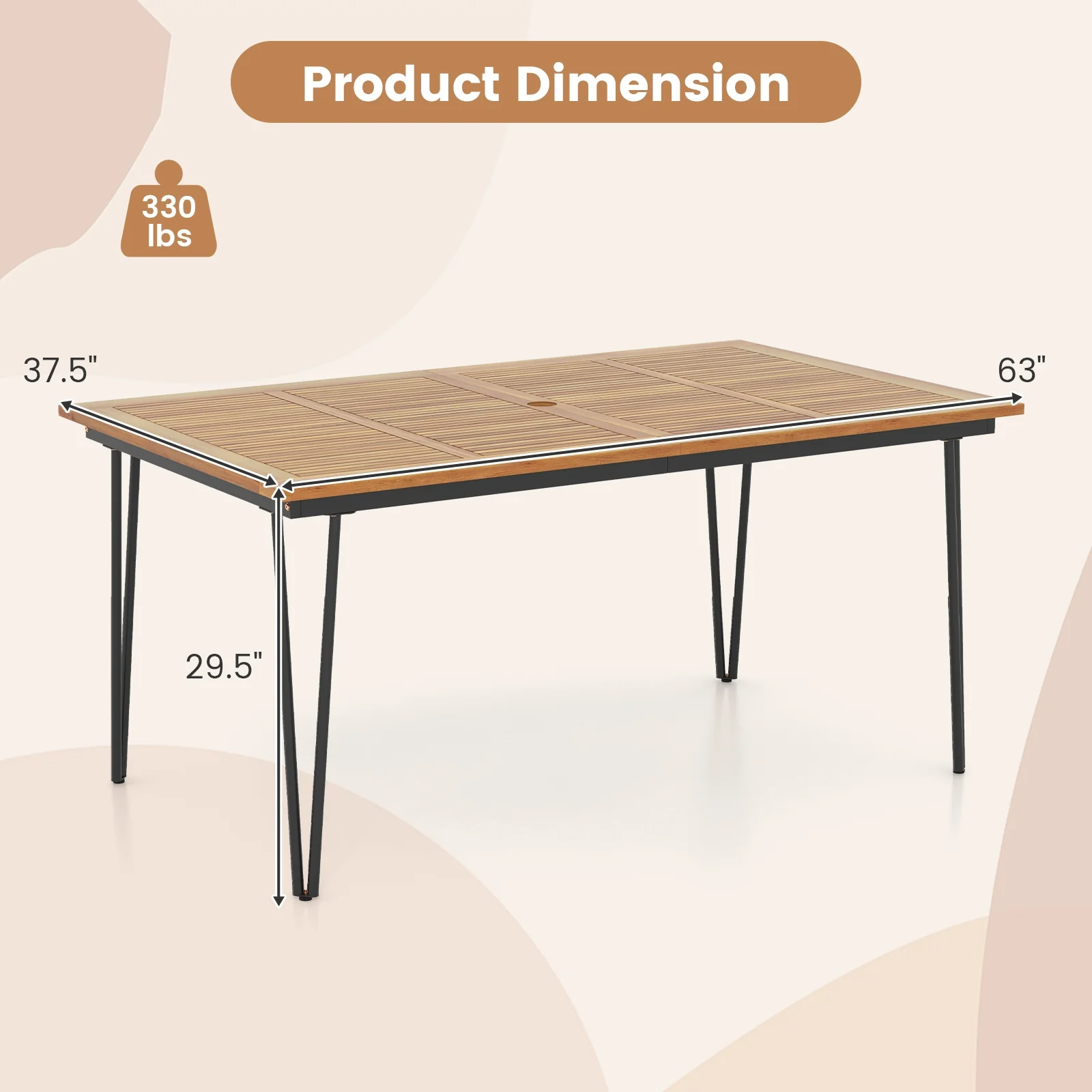 63 Inch Rectangular Outdoor Dining Table, Acacia Wood, Natural, Black - Image 6