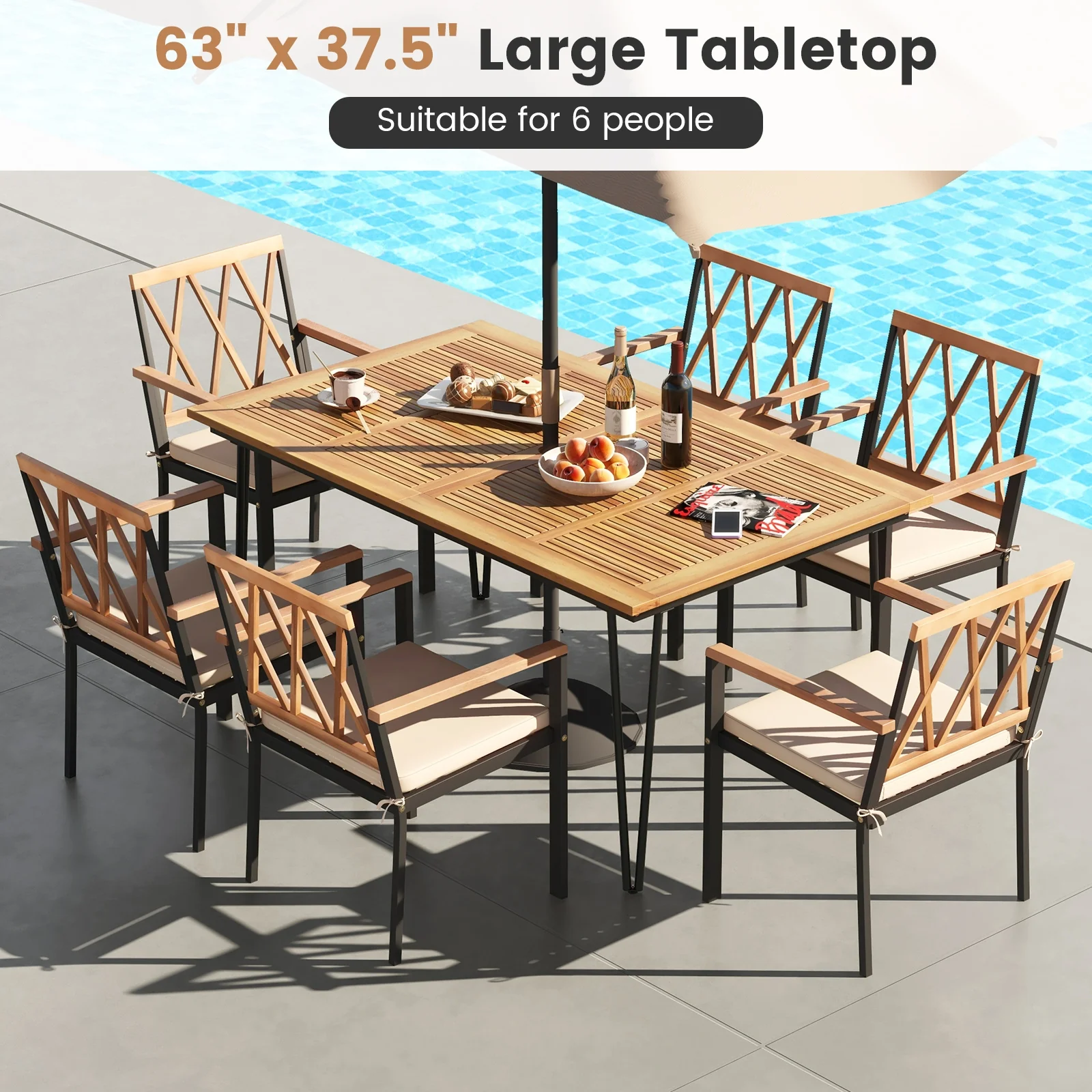 63 Inch Rectangular Outdoor Dining Table, Acacia Wood, Natural, Black - Image 7