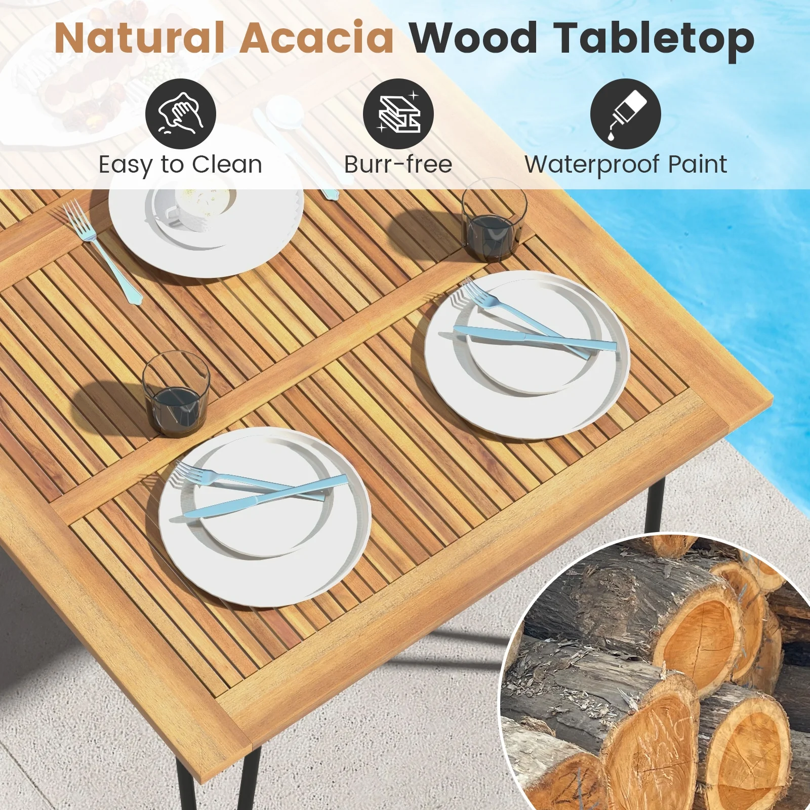 63 Inch Rectangular Outdoor Dining Table, Acacia Wood, Natural, Black - Image 8