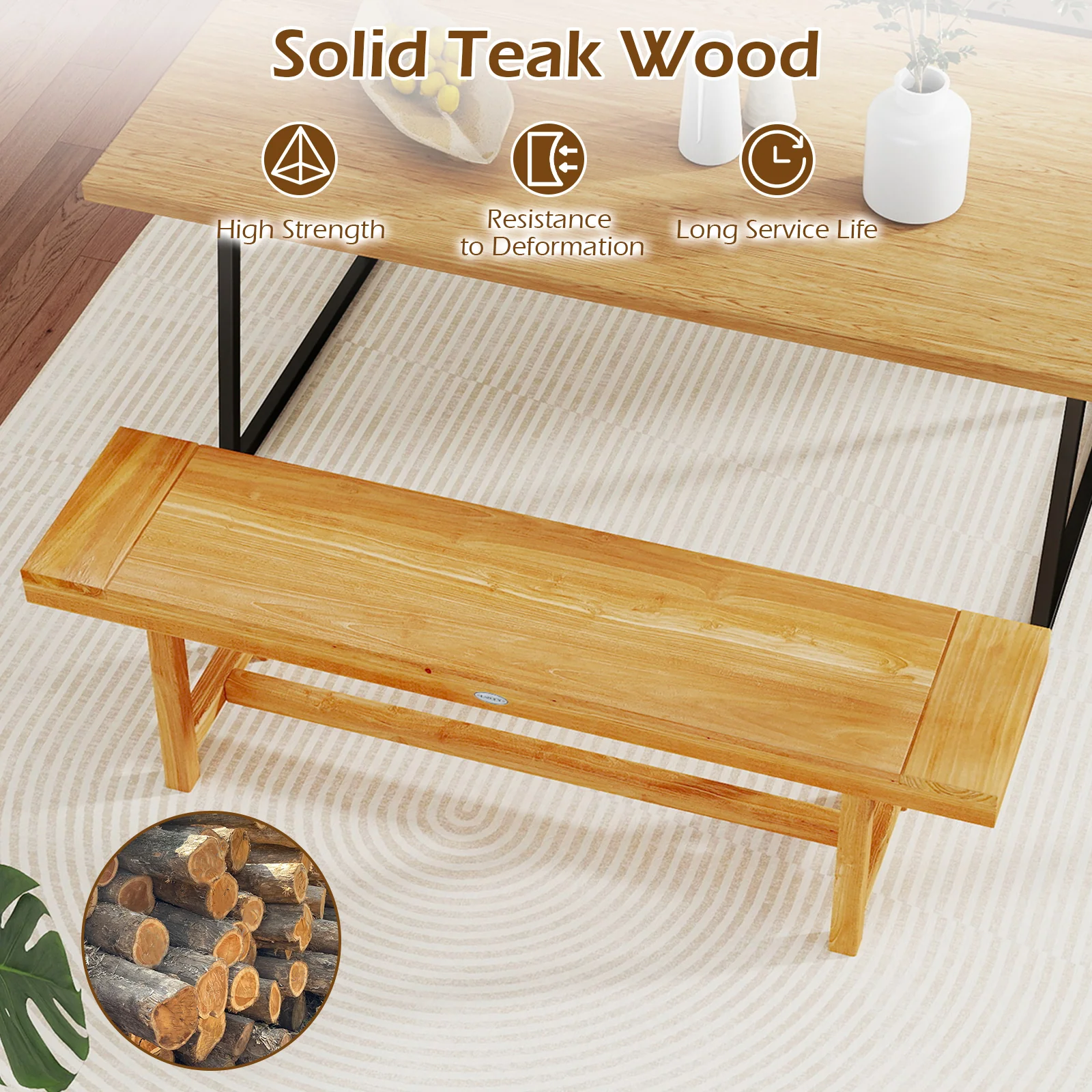 63 Inch Solid Wood Bench, Seats 3 People, Natural - Image 10