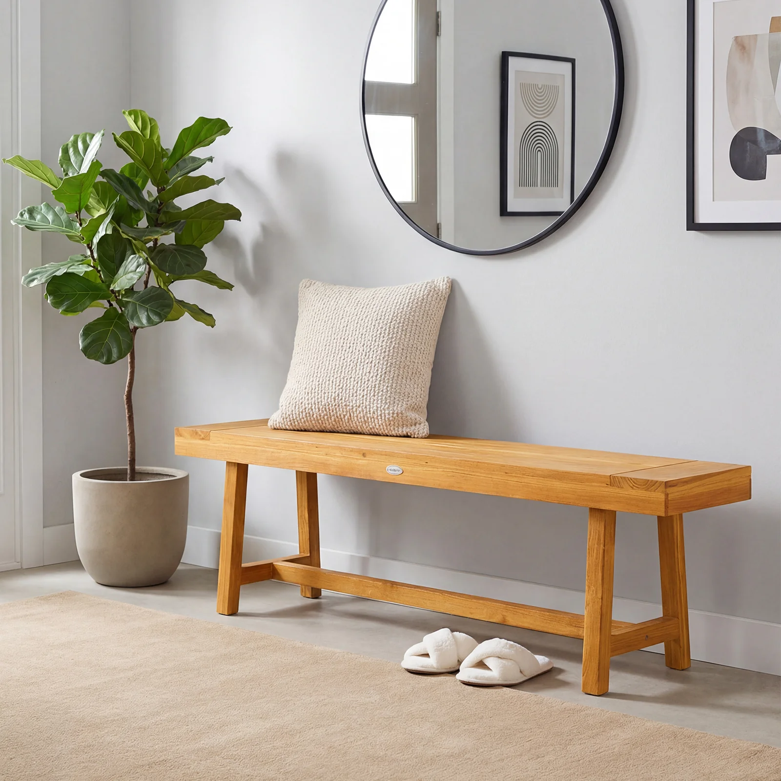 63 Inch Solid Wood Bench, Seats 3 People, Natural - Image 2
