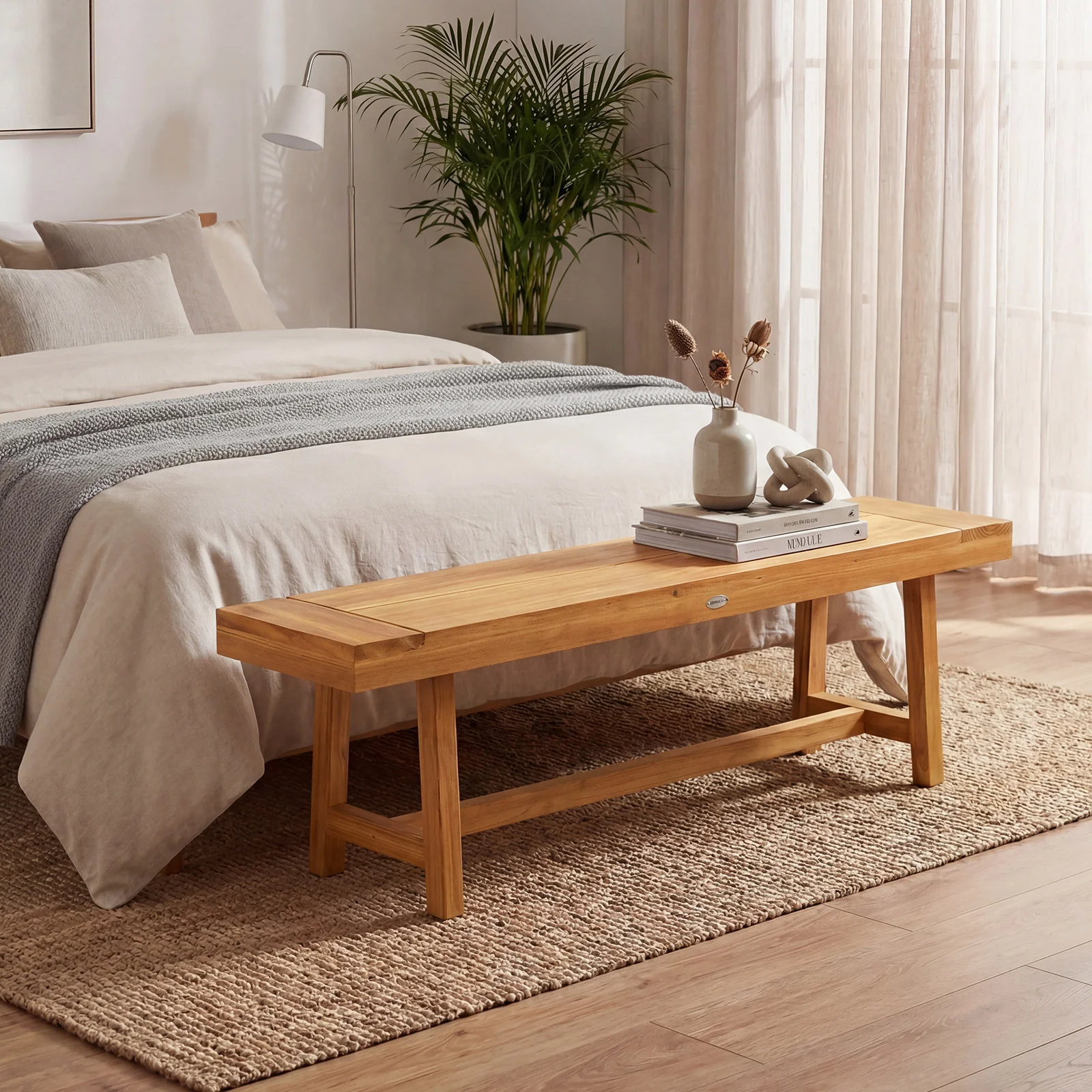 63 Inch Solid Wood Bench, Seats 3 People, Natural - Image 3