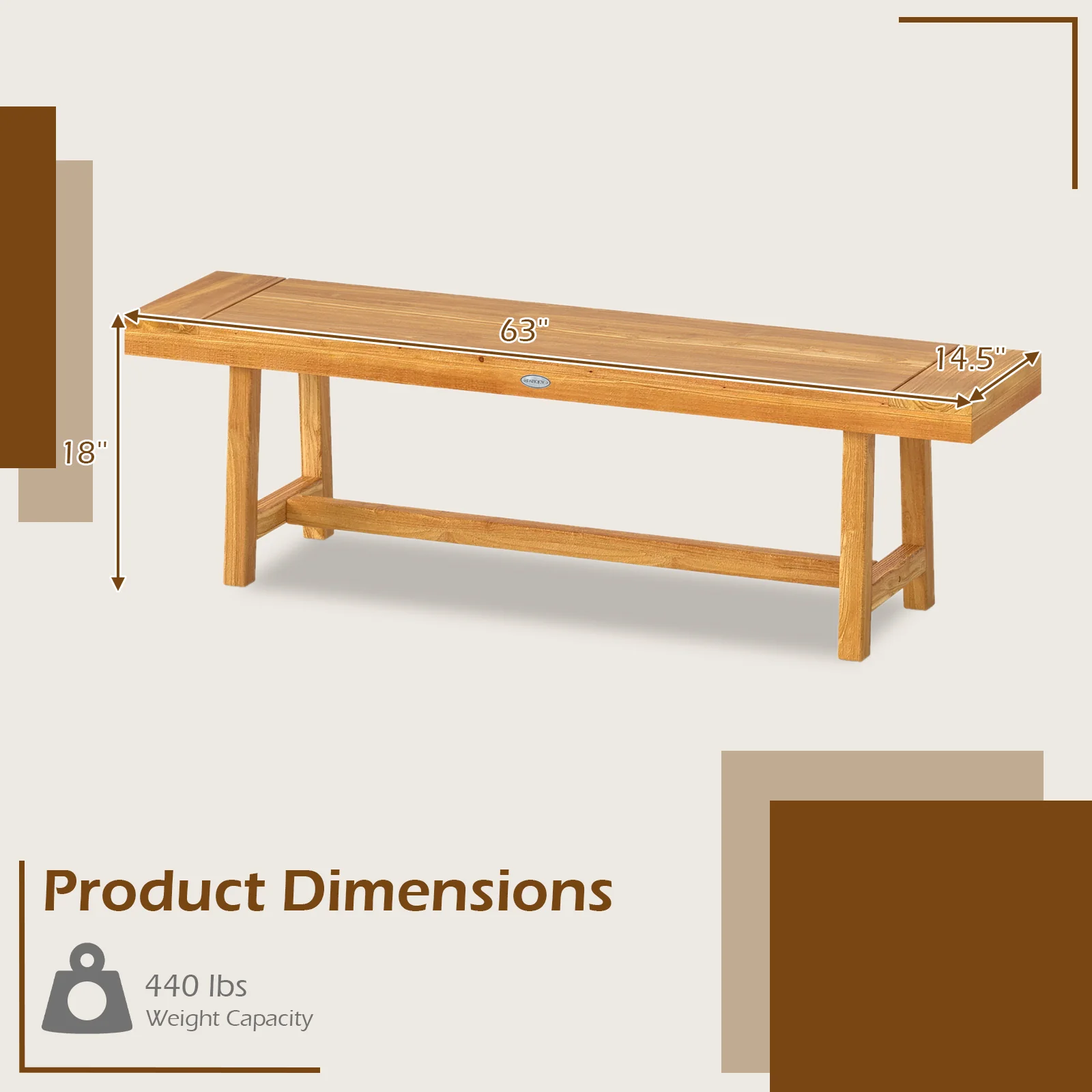 63 Inch Solid Wood Bench, Seats 3 People, Natural - Image 5