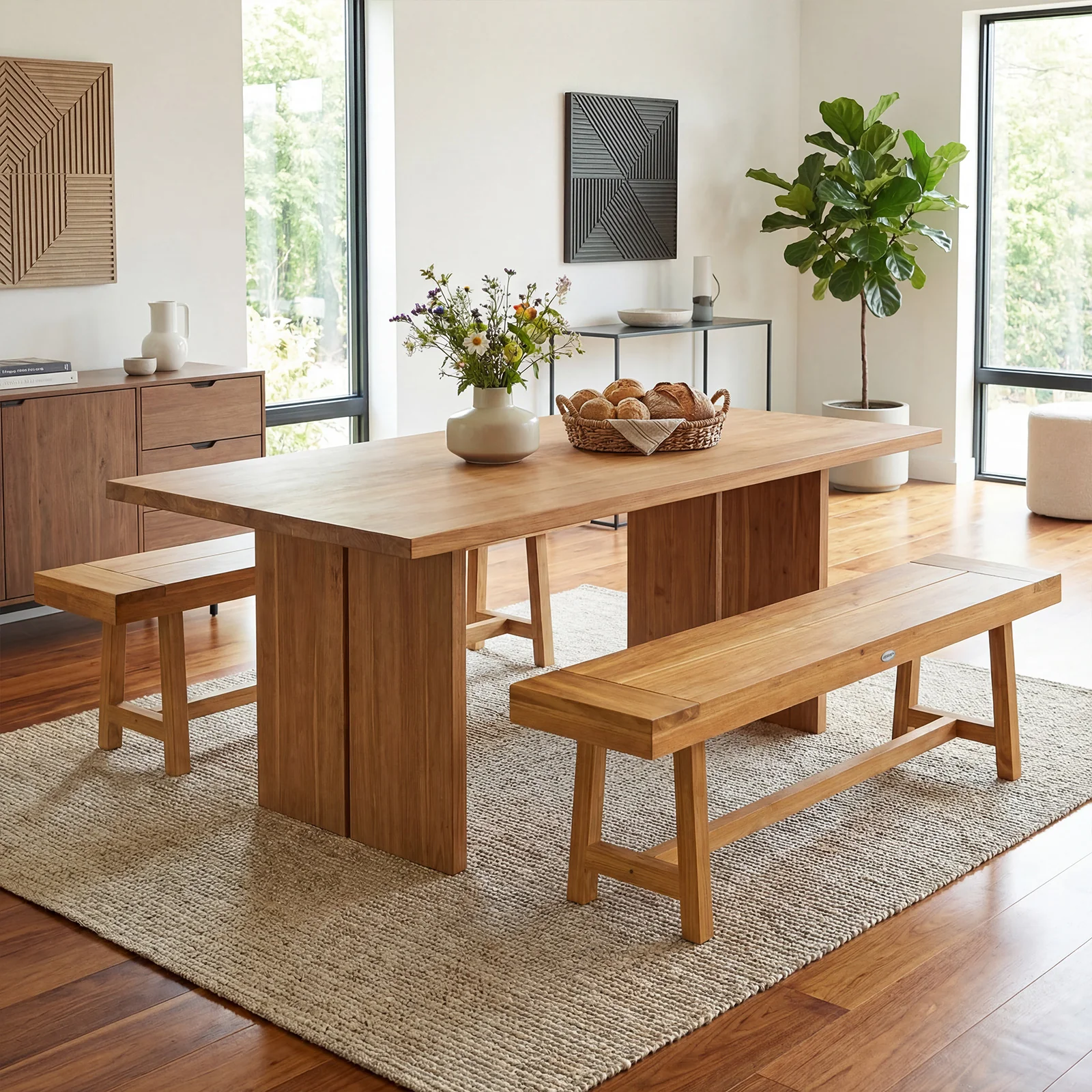 63 Inch Solid Wood Bench, Seats 3 People, Natural - Image 6