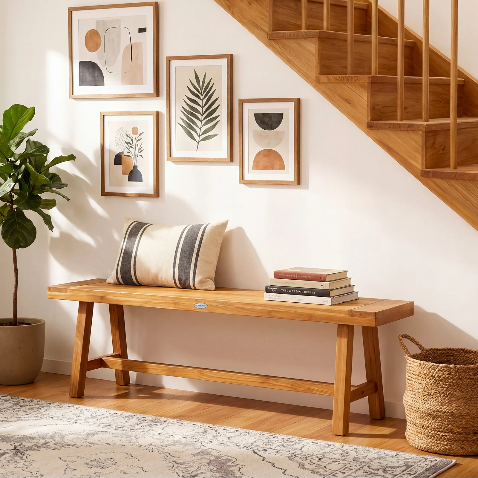 63 Inch Solid Wood Bench, Seats 3 People, Natural - Image 7