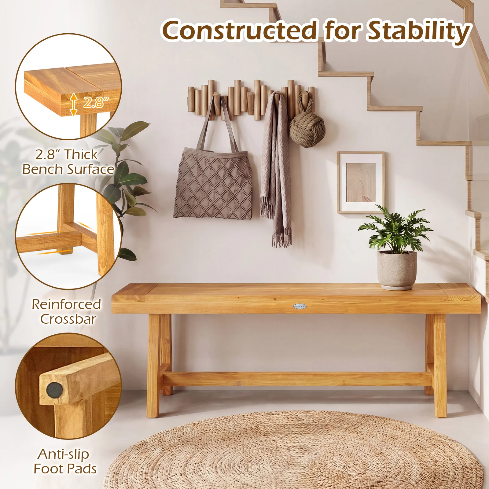 63 Inch Solid Wood Bench, Seats 3 People, Natural - Image 8