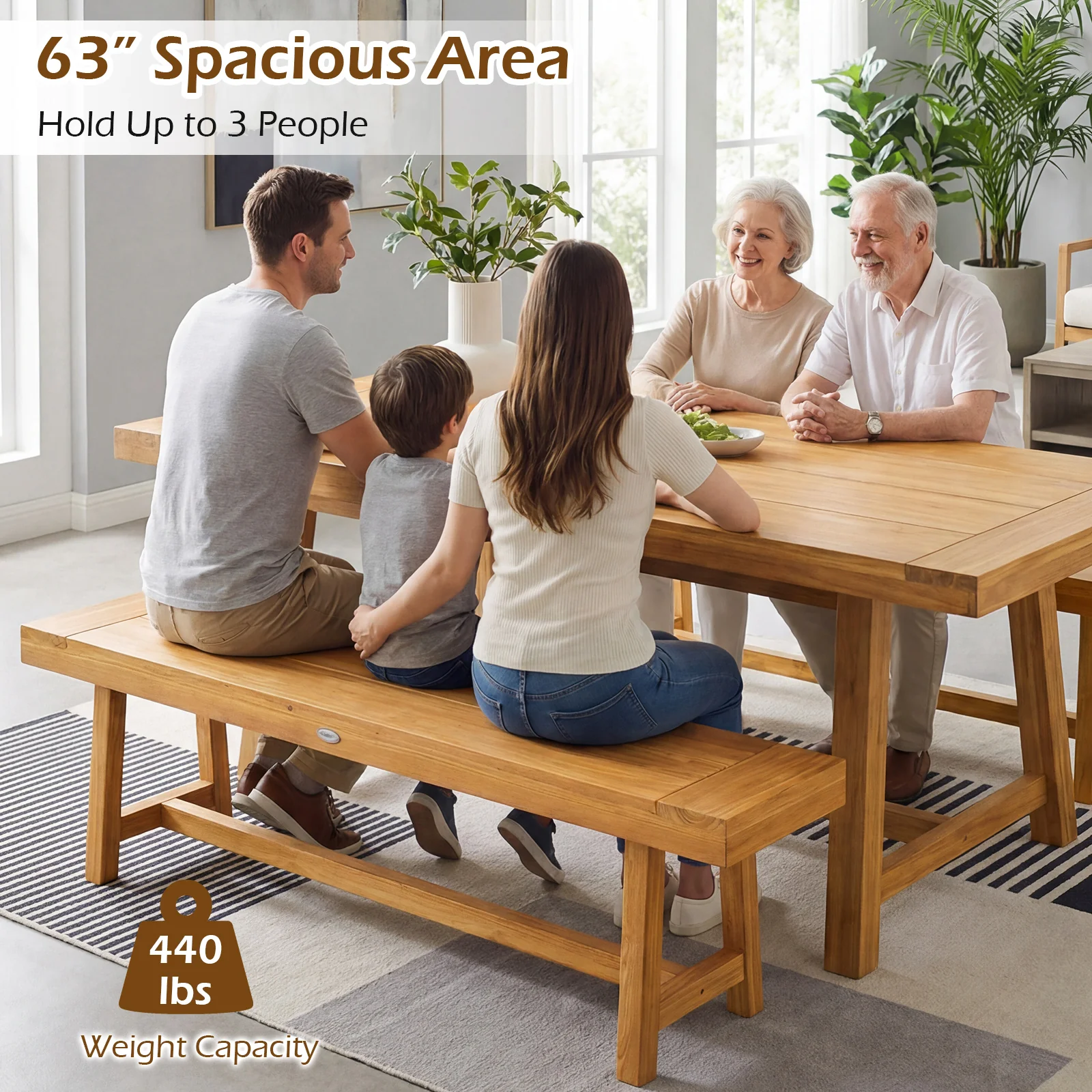 63 Inch Solid Wood Bench, Seats 3 People, Natural - Image 9