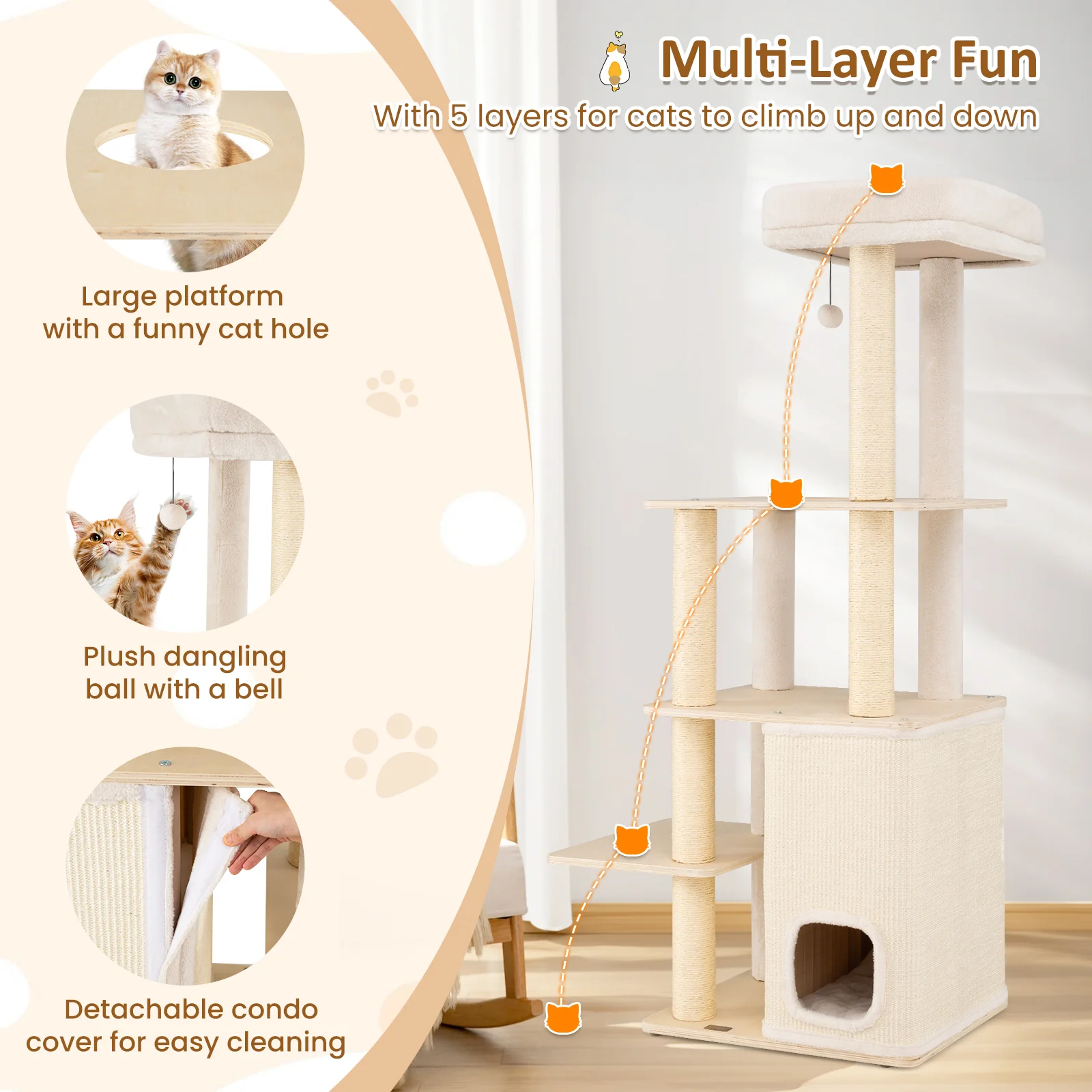 63 Inch Tall Wooden Cat Tree with 2-Story Condo and Plush Padded Top Perch-NA, Natural - Image 10