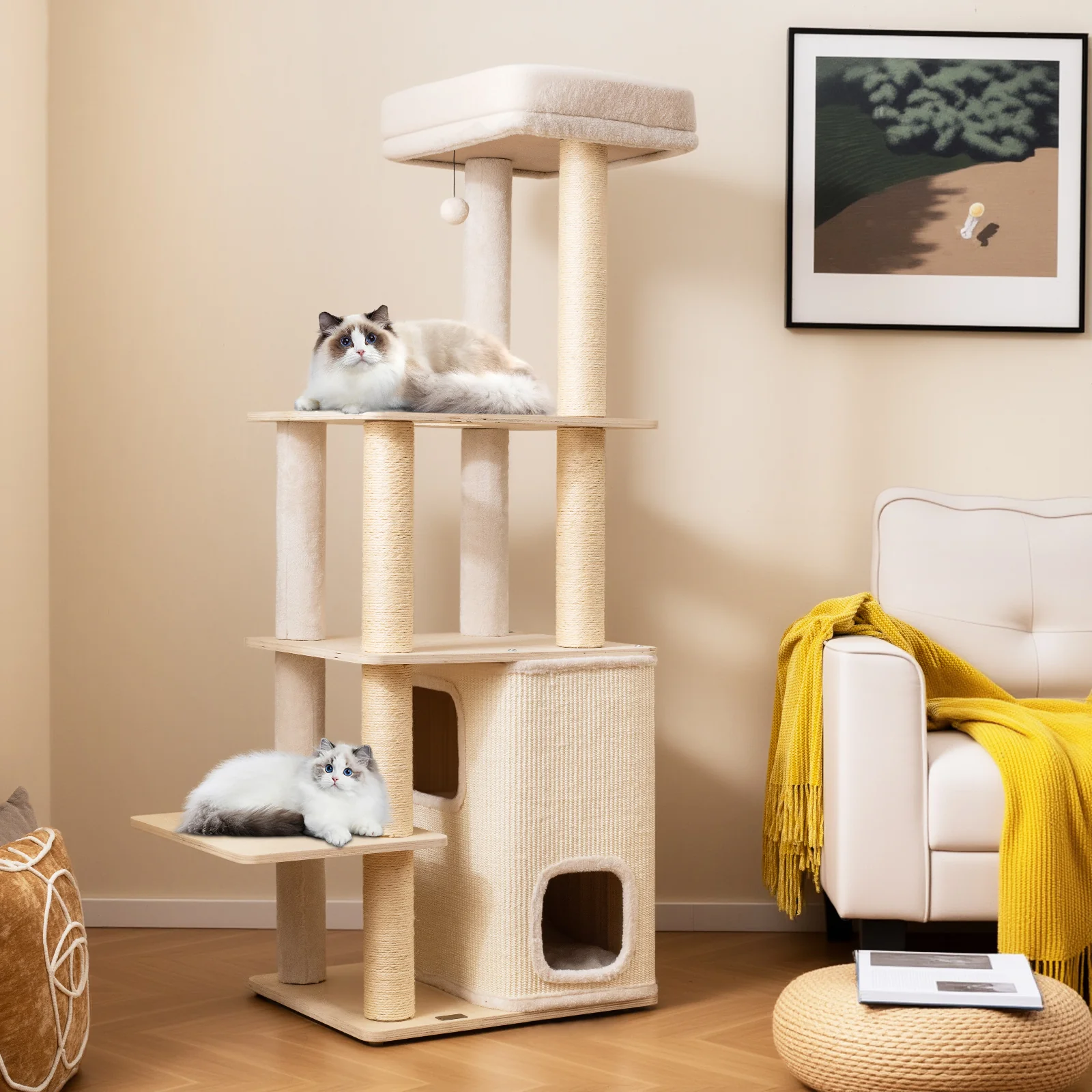 63 Inch Tall Wooden Cat Tree with 2-Story Condo and Plush Padded Top Perch-NA, Natural - Image 2