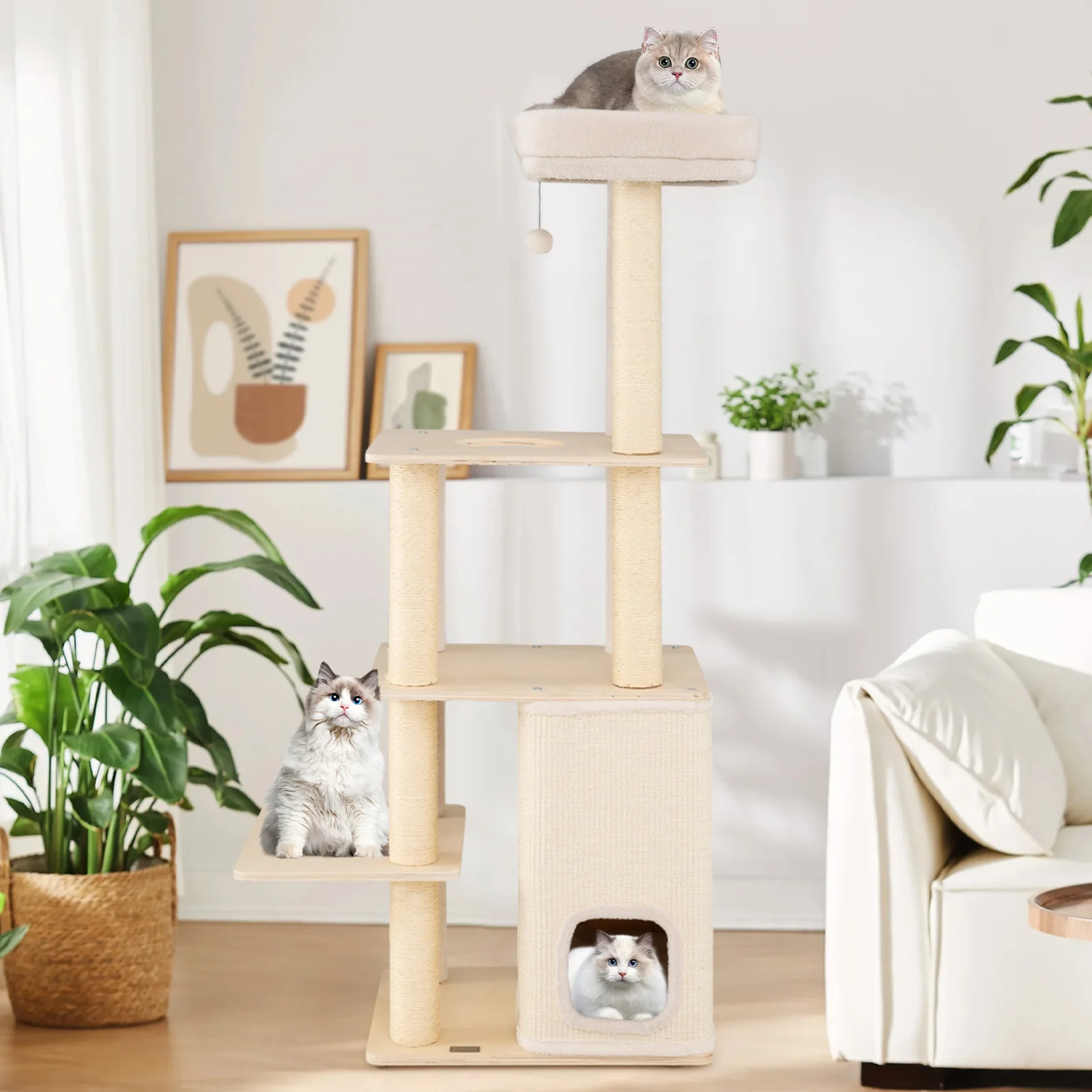 63 Inch Tall Wooden Cat Tree with 2-Story Condo and Plush Padded Top Perch-NA, Natural - Image 3