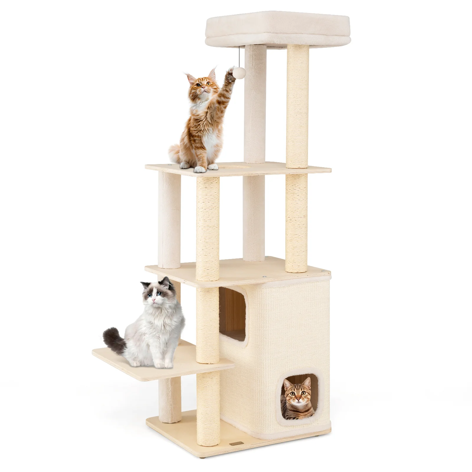 63 Inch Tall Wooden Cat Tree with 2-Story Condo and Plush Padded Top Perch-NA, Natural - Image 4