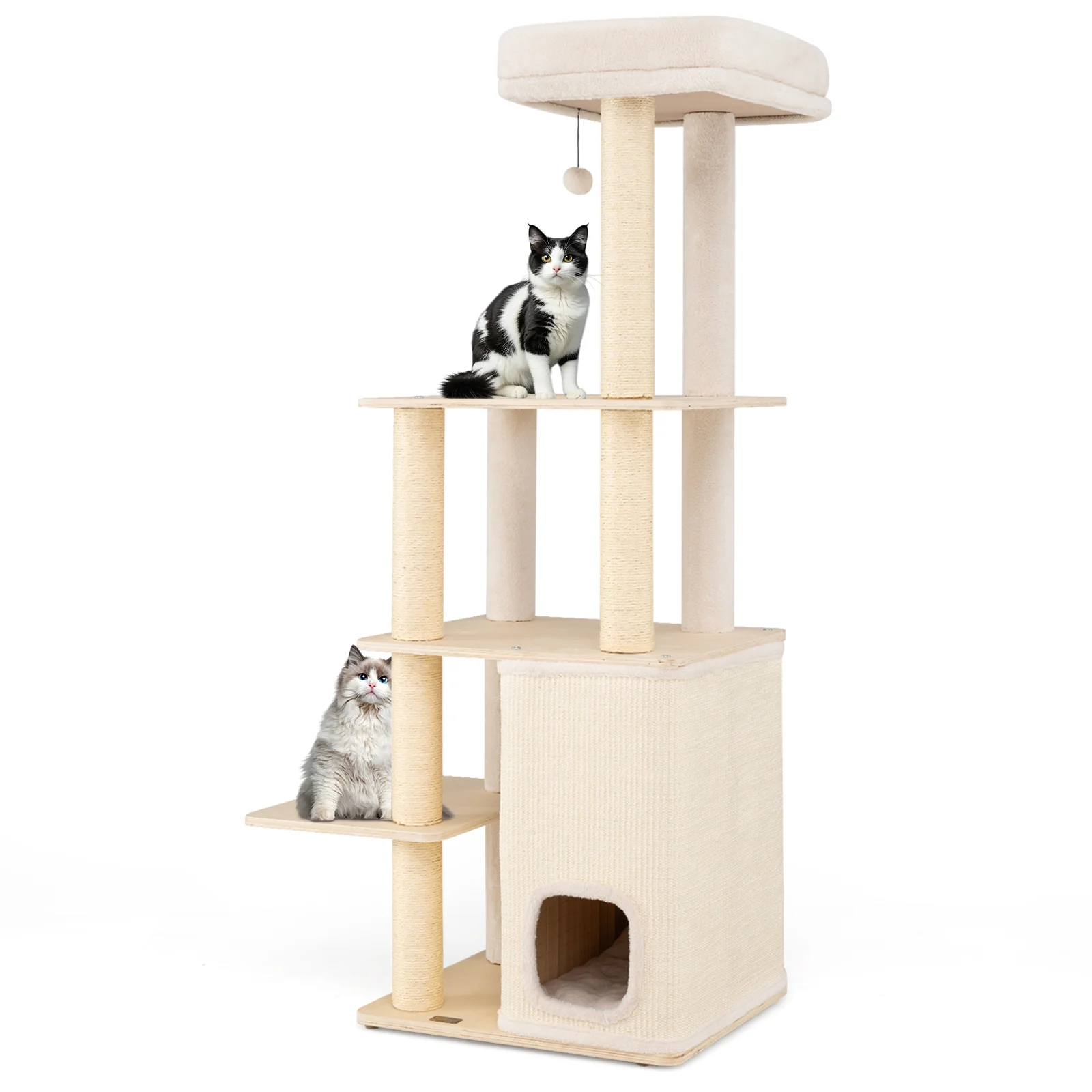 63 Inch Tall Wooden Cat Tree with 2-Story Condo and Plush Padded Top Perch-NA, Natural - Image 5