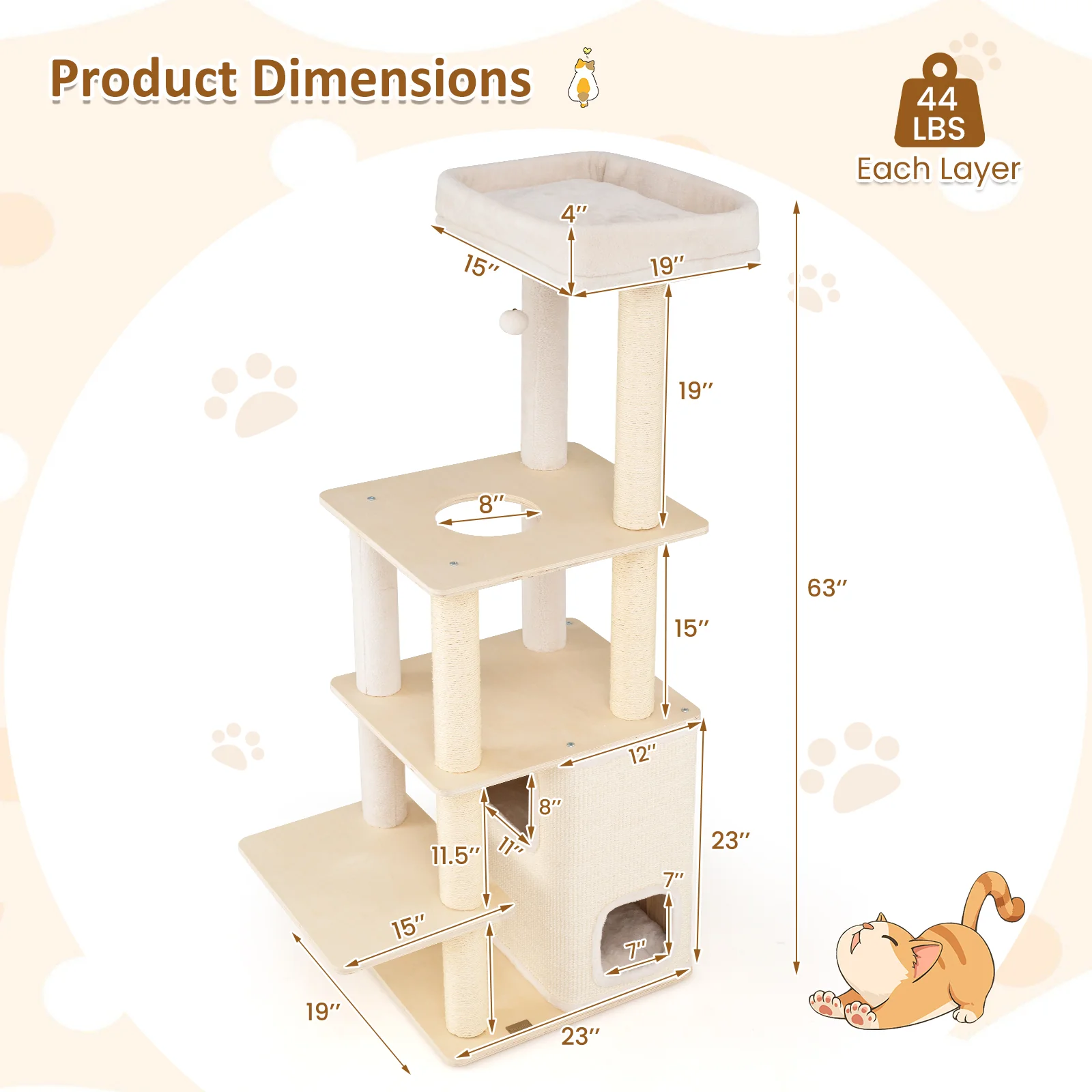 63 Inch Tall Wooden Cat Tree with 2-Story Condo and Plush Padded Top Perch-NA, Natural - Image 6