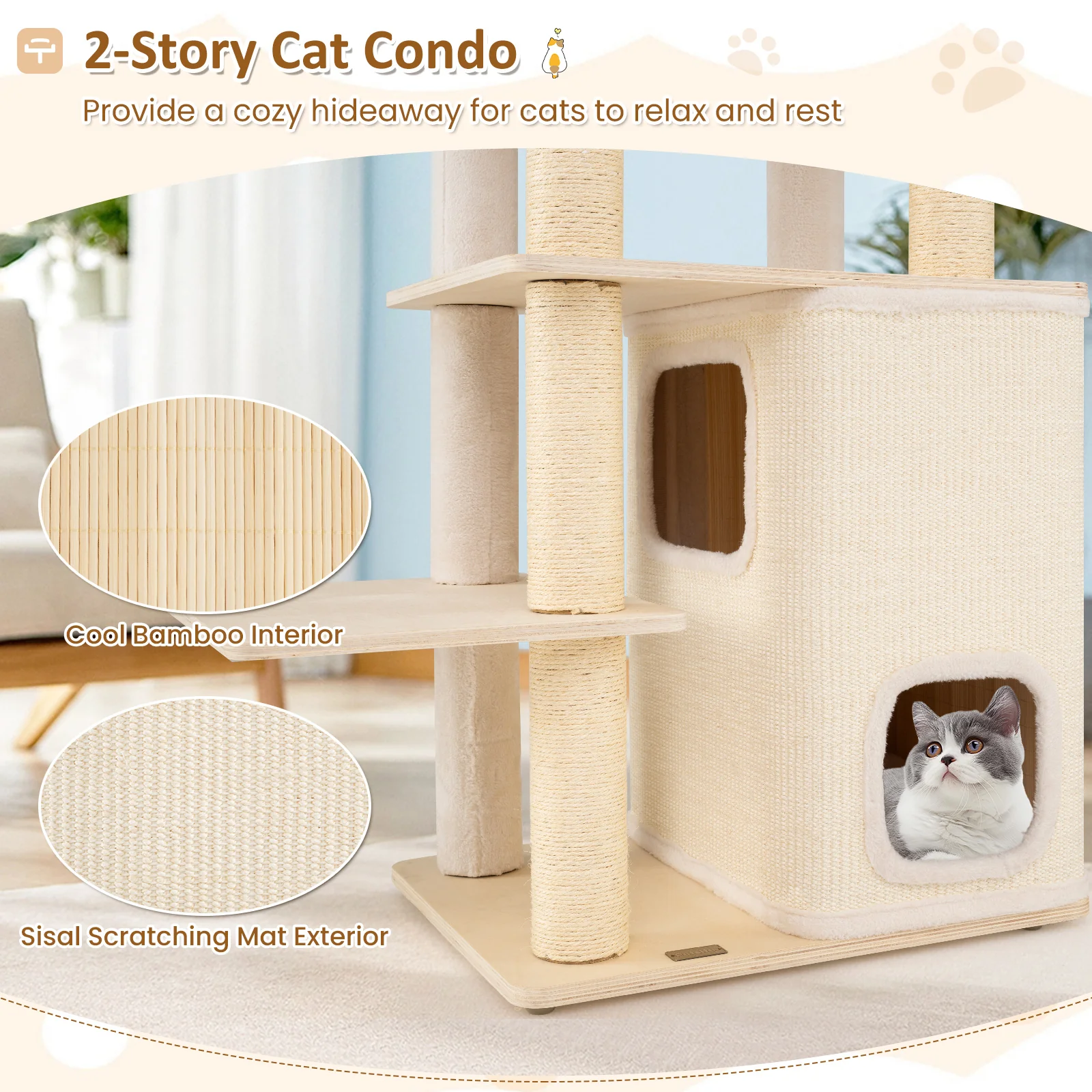 63 Inch Tall Wooden Cat Tree with 2-Story Condo and Plush Padded Top Perch-NA, Natural - Image 7