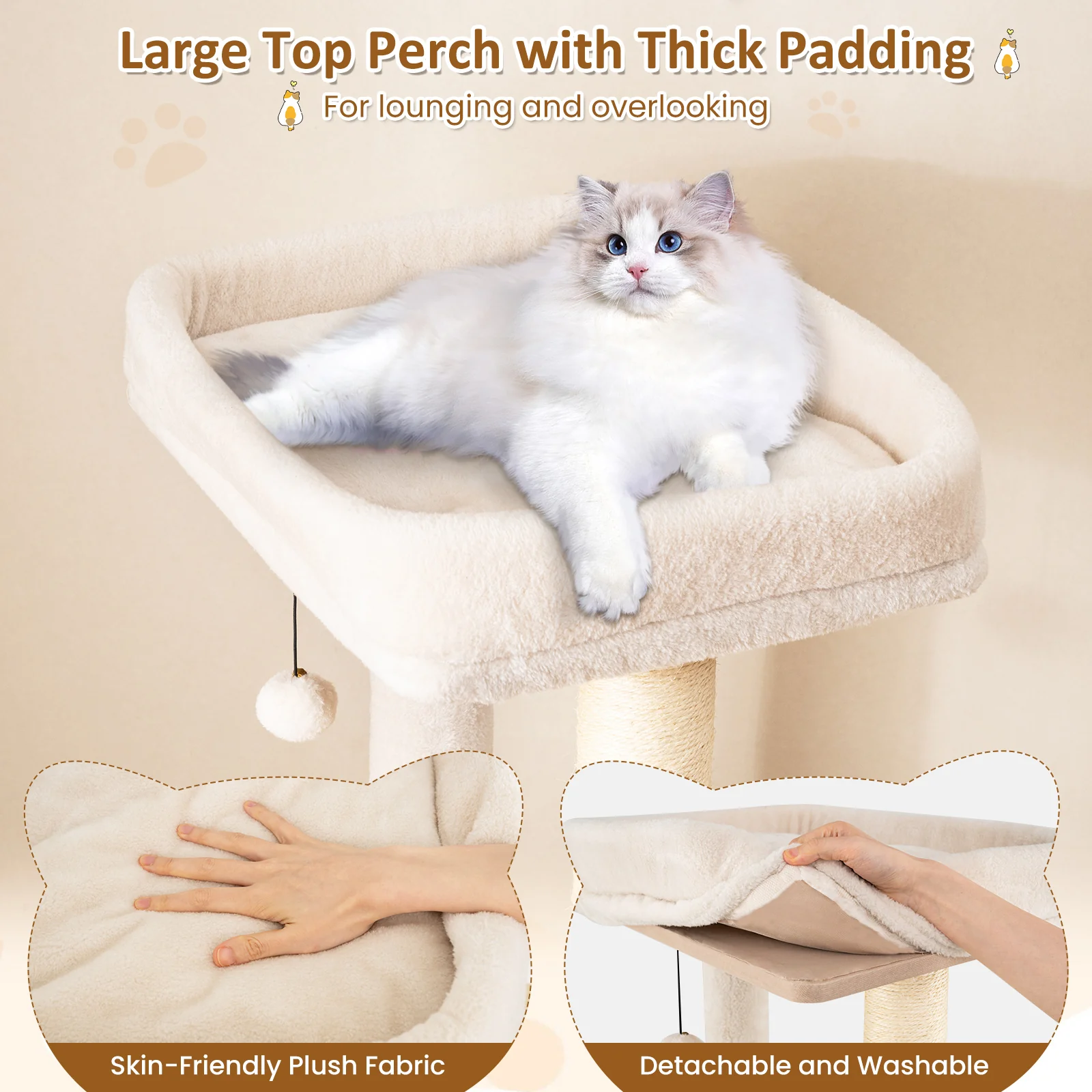 63 Inch Tall Wooden Cat Tree with 2-Story Condo and Plush Padded Top Perch-NA, Natural - Image 8