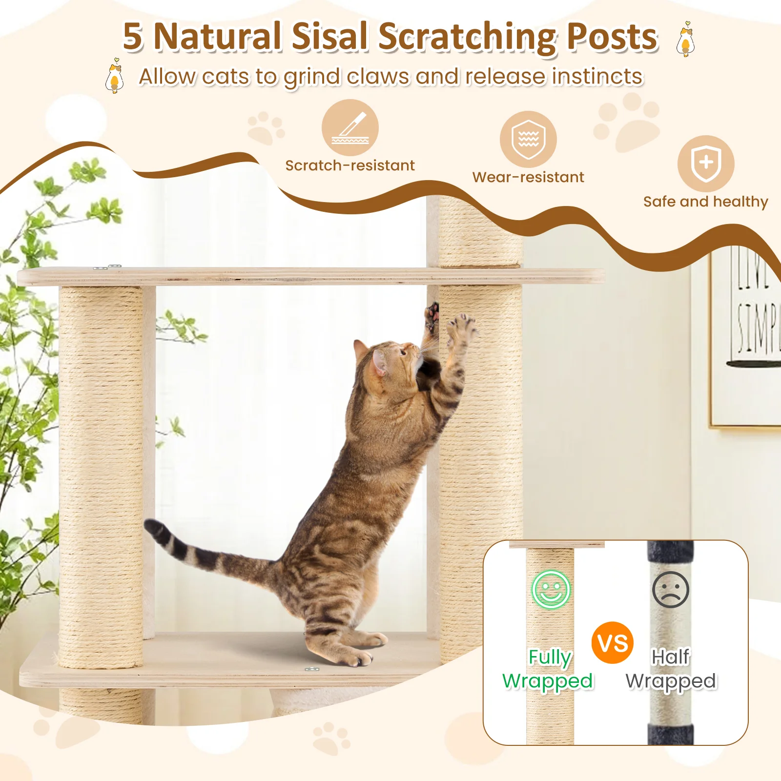63 Inch Tall Wooden Cat Tree with 2-Story Condo and Plush Padded Top Perch-NA, Natural - Image 9