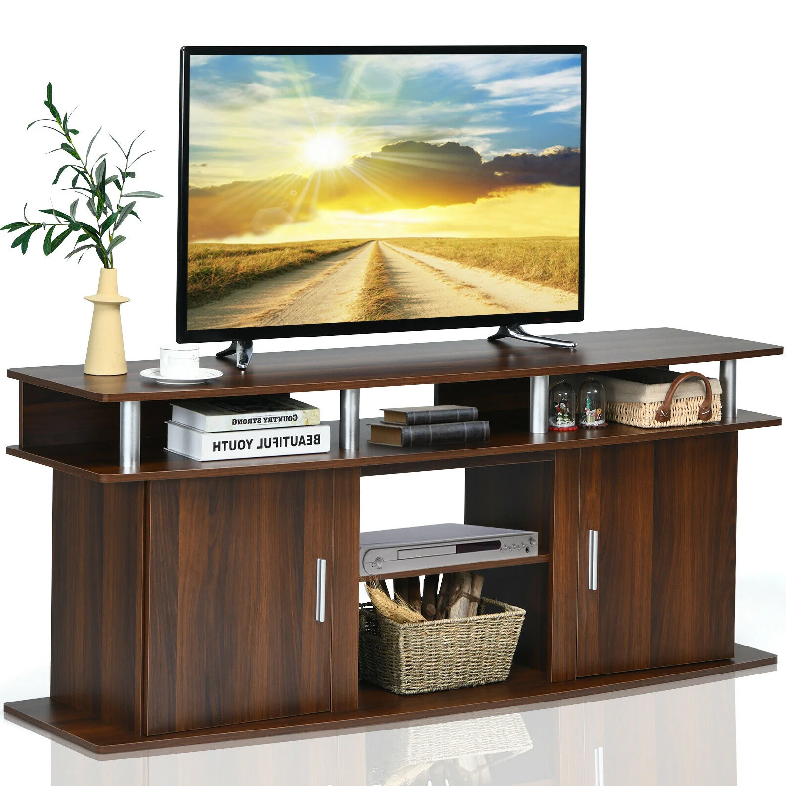 63 Inch TV Entertainment Console With 2 Cabinets, Walnut - Image 4