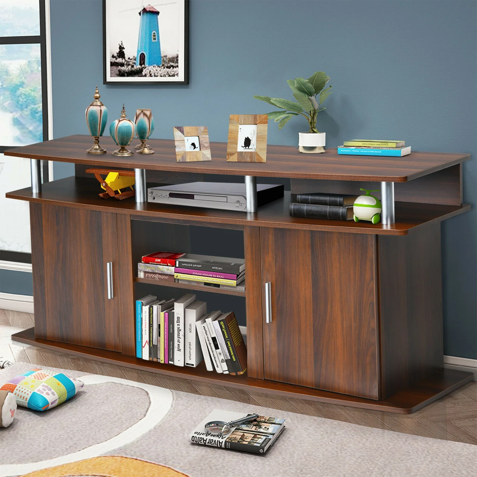 63 Inch TV Entertainment Console With 2 Cabinets, Walnut - Image 9