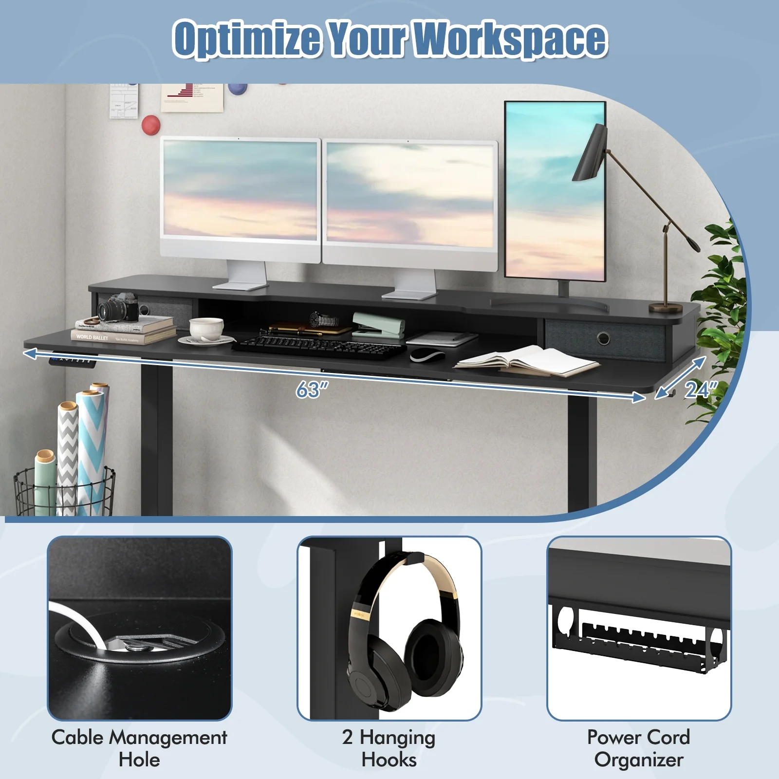 63 Inch x 24 Inch Electric Standing Desk, 2 Drawers, Black - Image 10