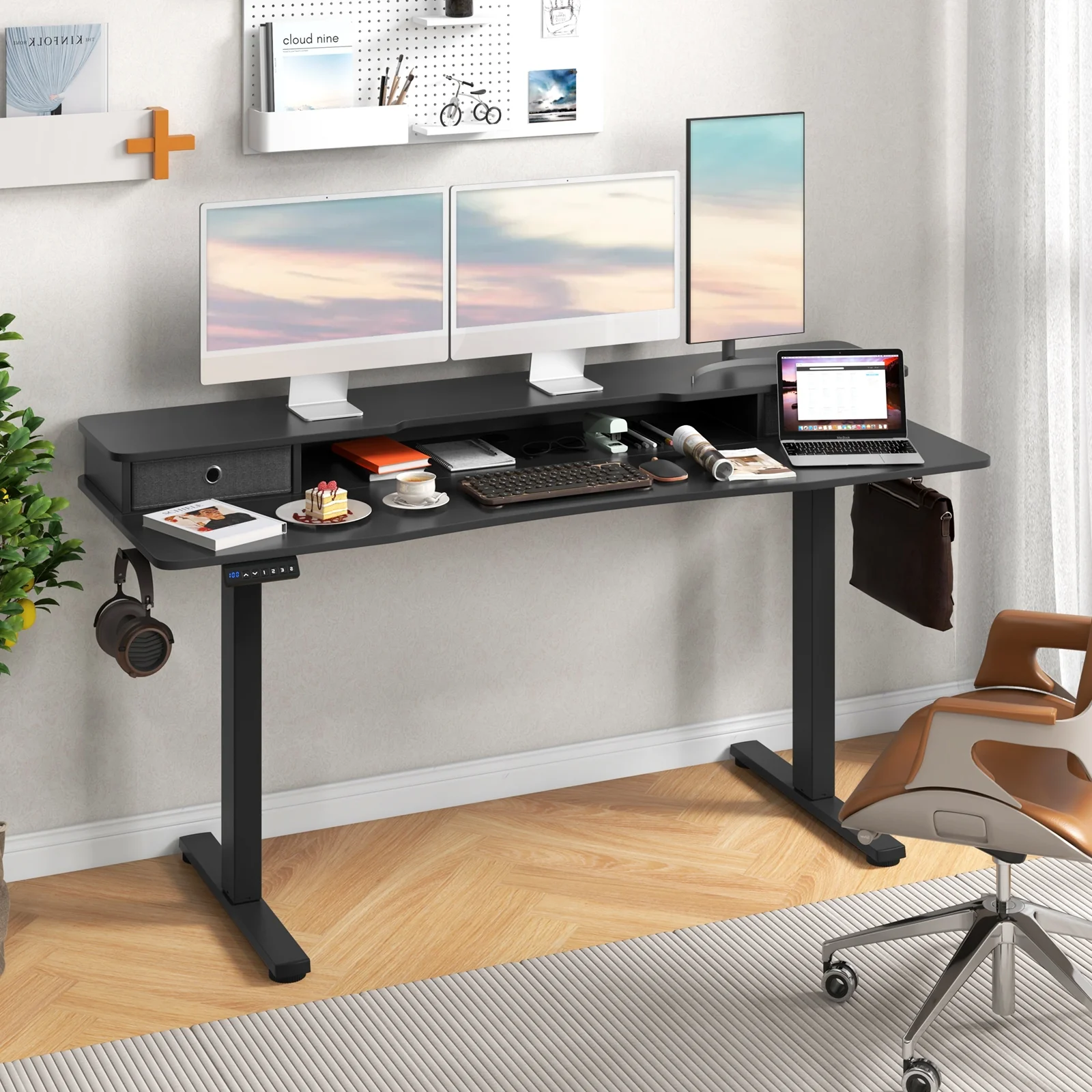 63 Inch x 24 Inch Electric Standing Desk, 2 Drawers, Black - Image 2