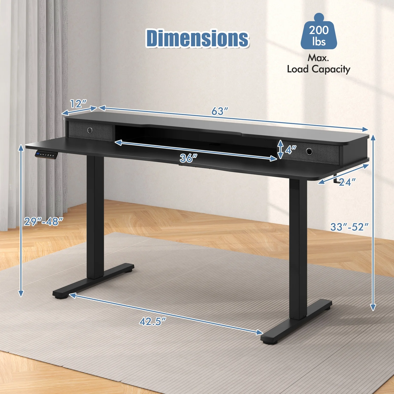63 Inch x 24 Inch Electric Standing Desk, 2 Drawers, Black - Image 4