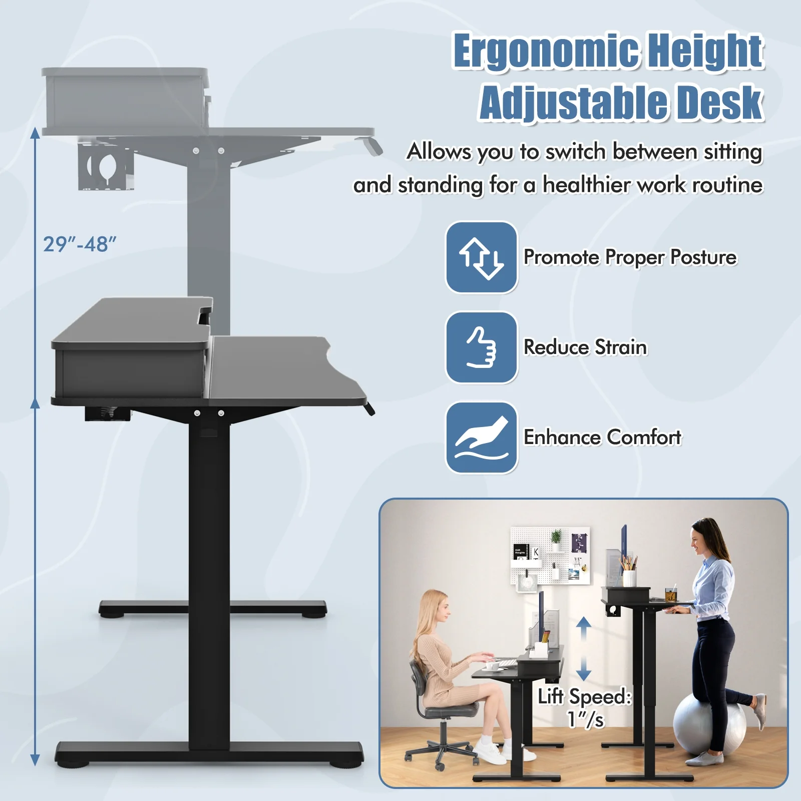 63 Inch x 24 Inch Electric Standing Desk, 2 Drawers, Black - Image 5