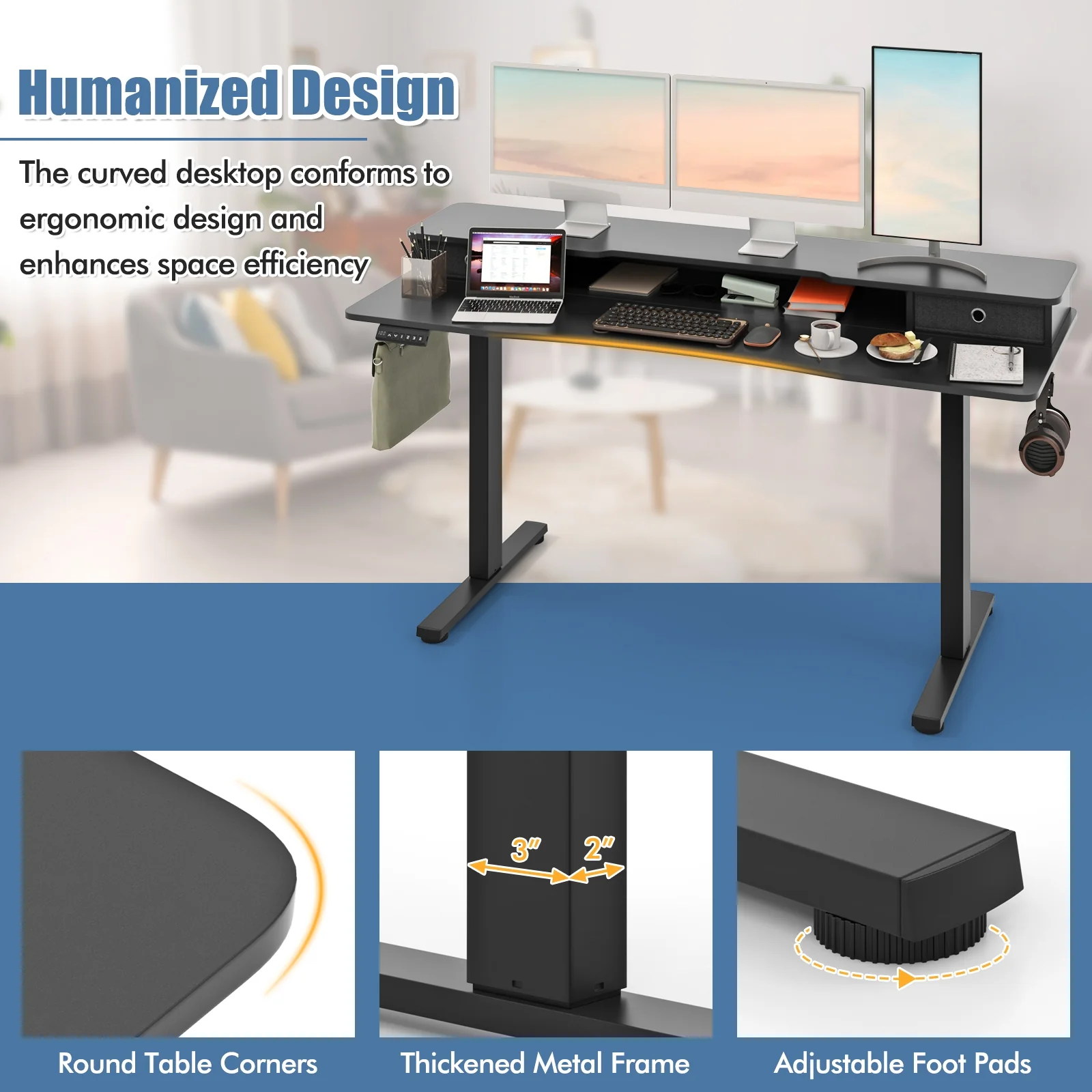 63 Inch x 24 Inch Electric Standing Desk, 2 Drawers, Black - Image 6