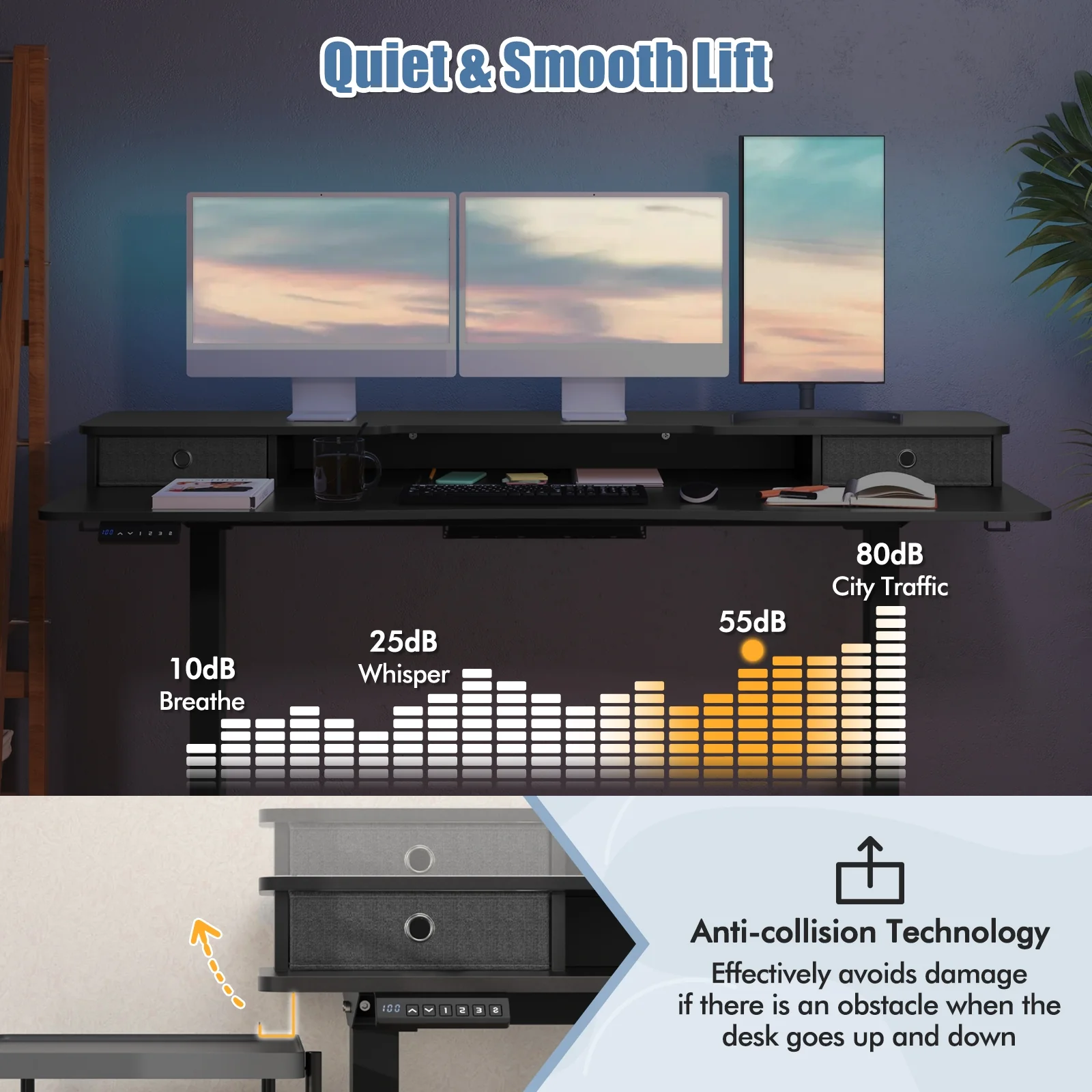 63 Inch x 24 Inch Electric Standing Desk, 2 Drawers, Black - Image 7