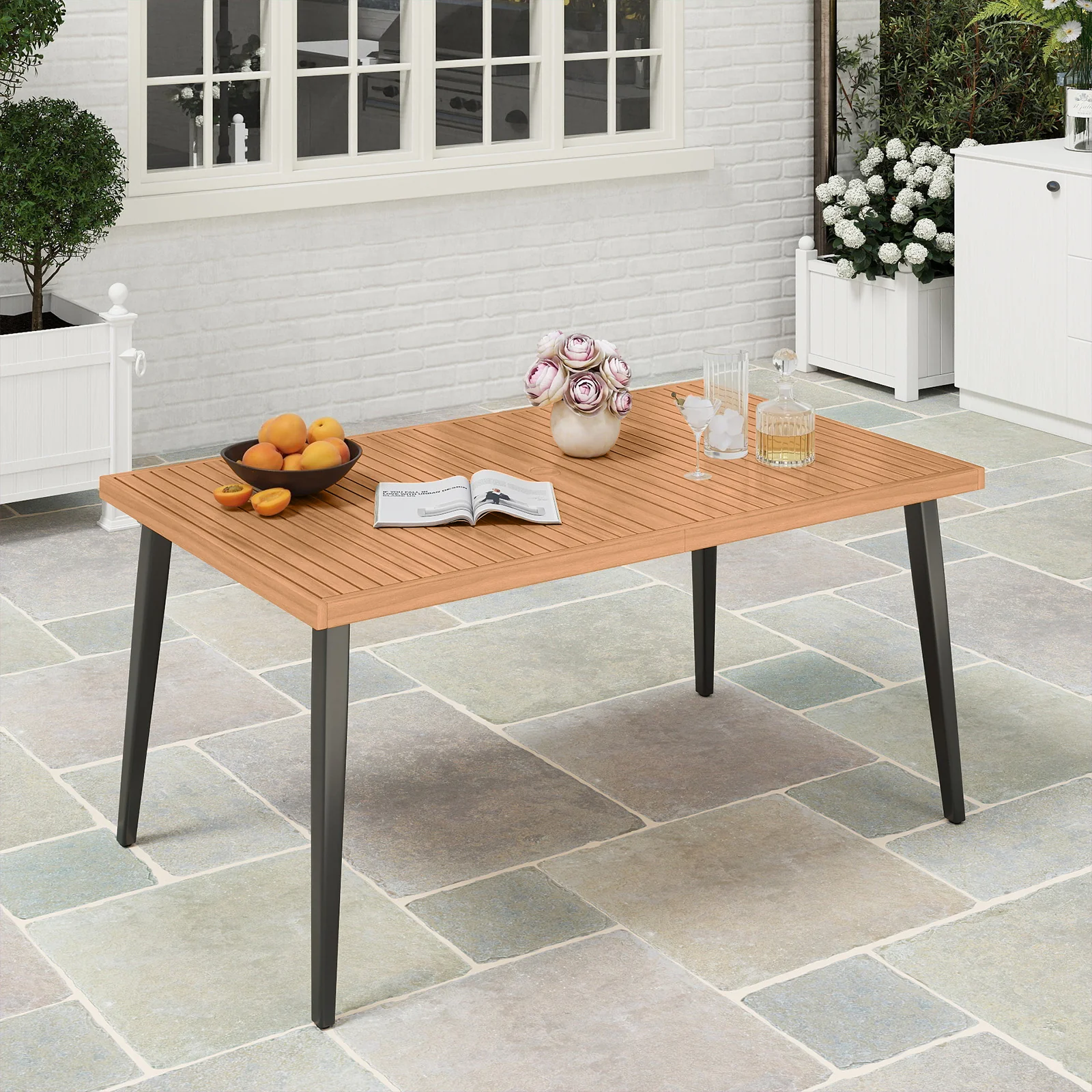 63 Inches Outdoor Indoor Dining Table with 1.97 Inches Umbrella Hole and Metal Legs - Image 2