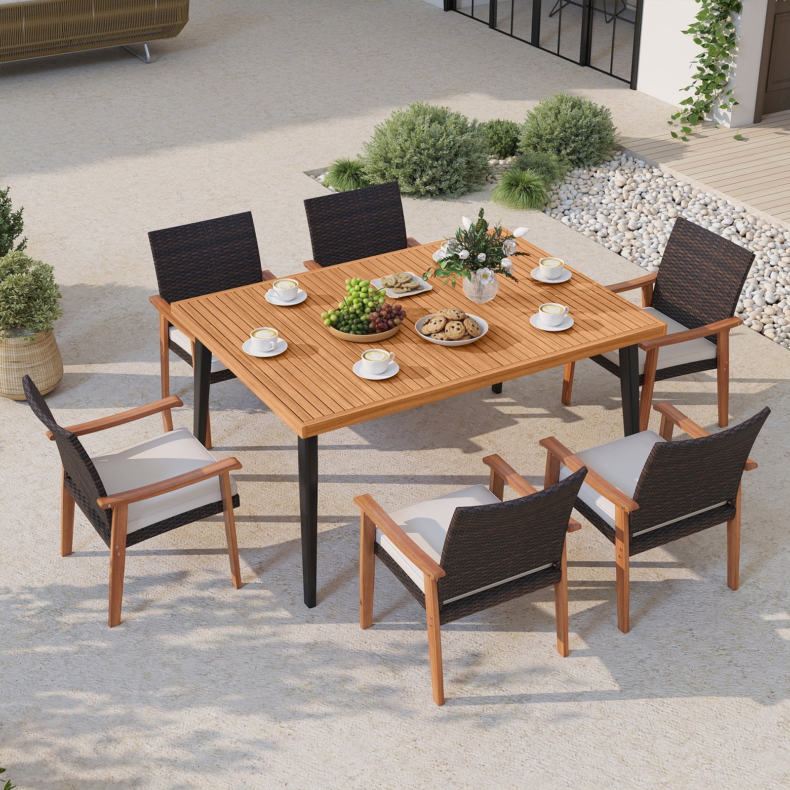63 Inches Outdoor Indoor Dining Table with 1.97 Inches Umbrella Hole and Metal Legs - Image 3