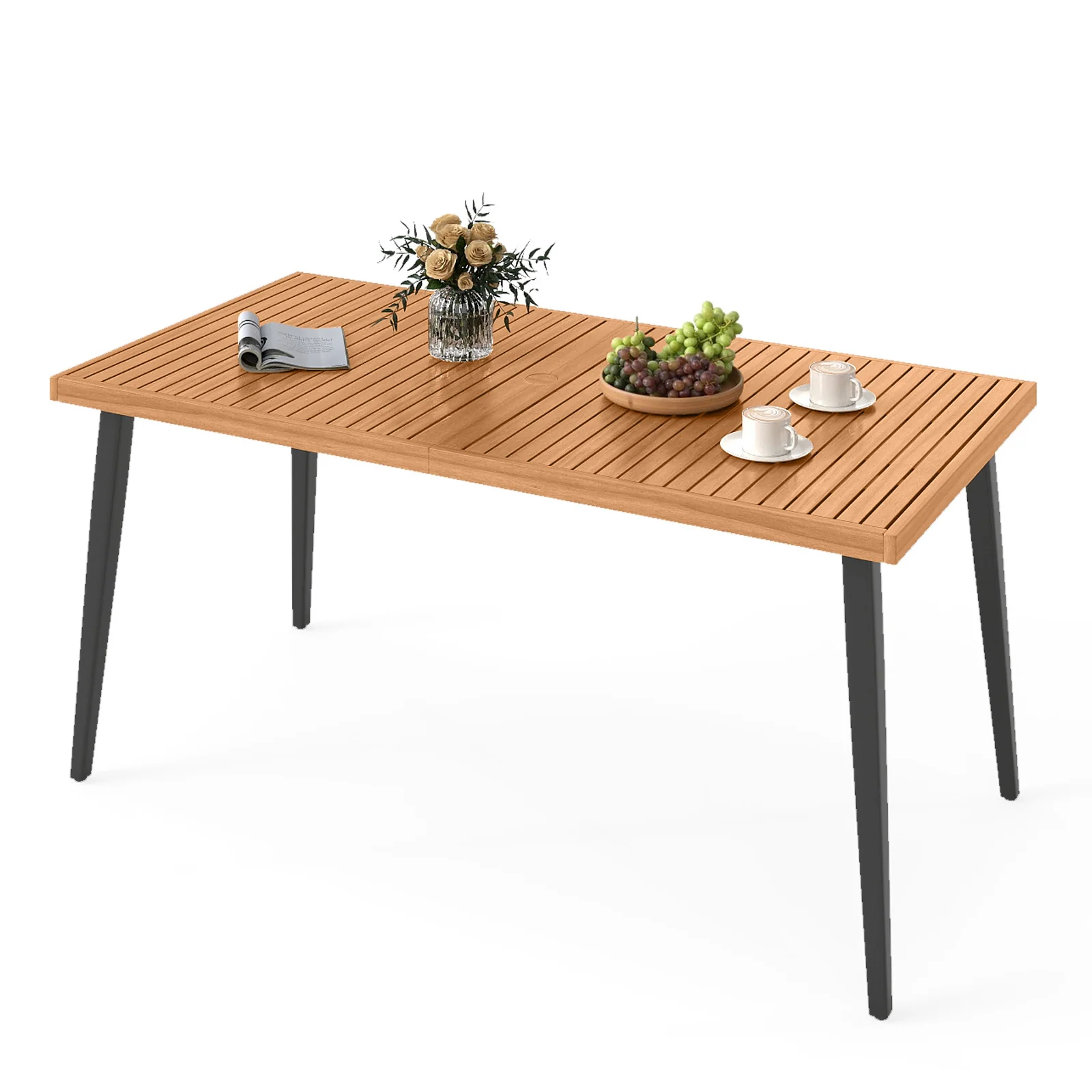 63 Inches Outdoor Indoor Dining Table with 1.97 Inches Umbrella Hole and Metal Legs - Image 4