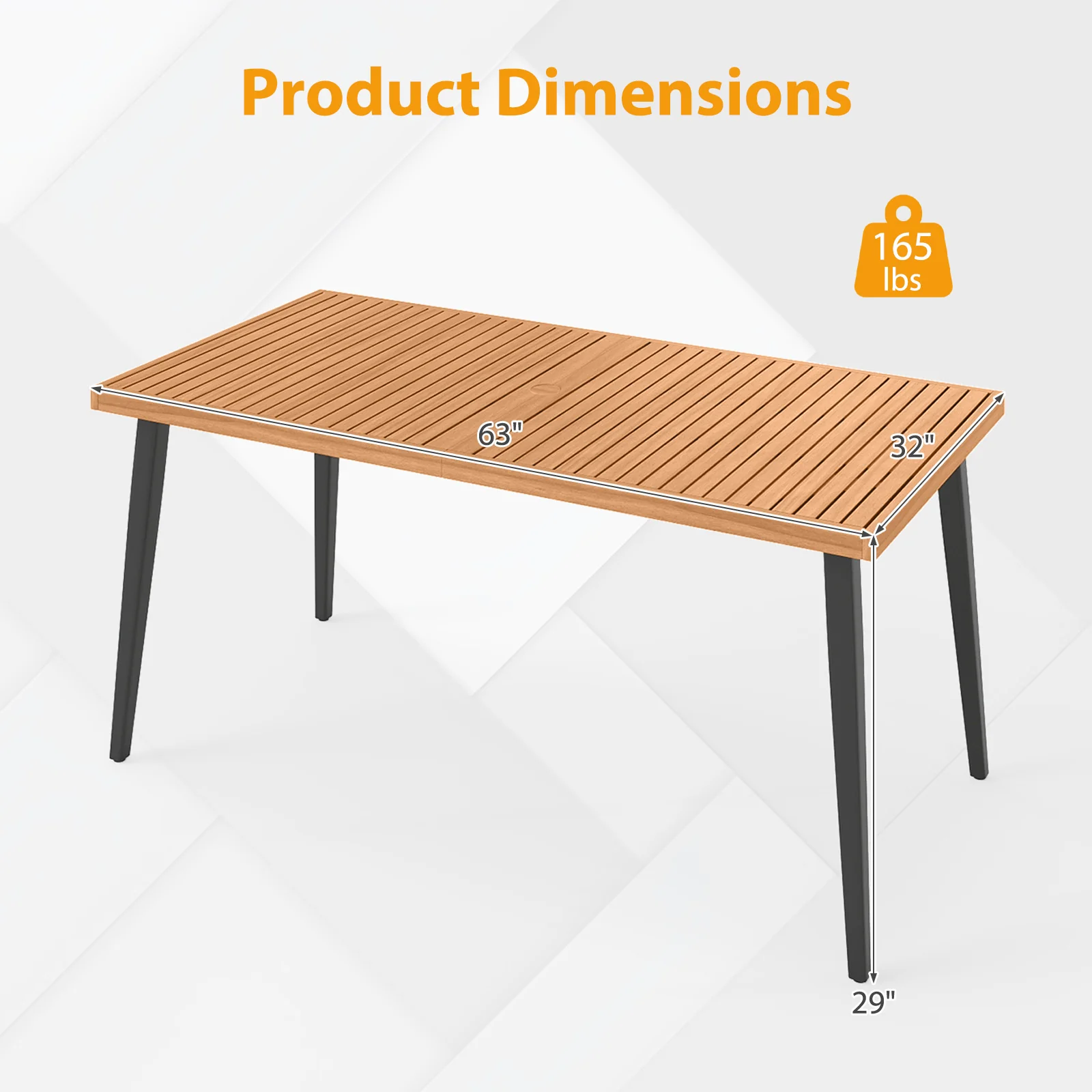 63 Inches Outdoor Indoor Dining Table with 1.97 Inches Umbrella Hole and Metal Legs - Image 6