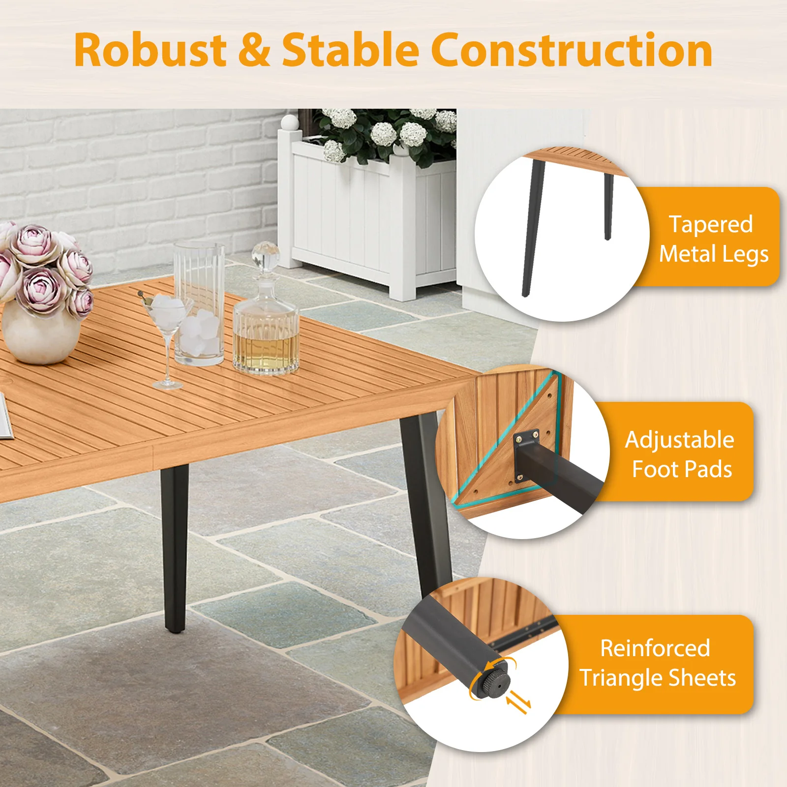 63 Inches Outdoor Indoor Dining Table with 1.97 Inches Umbrella Hole and Metal Legs - Image 7