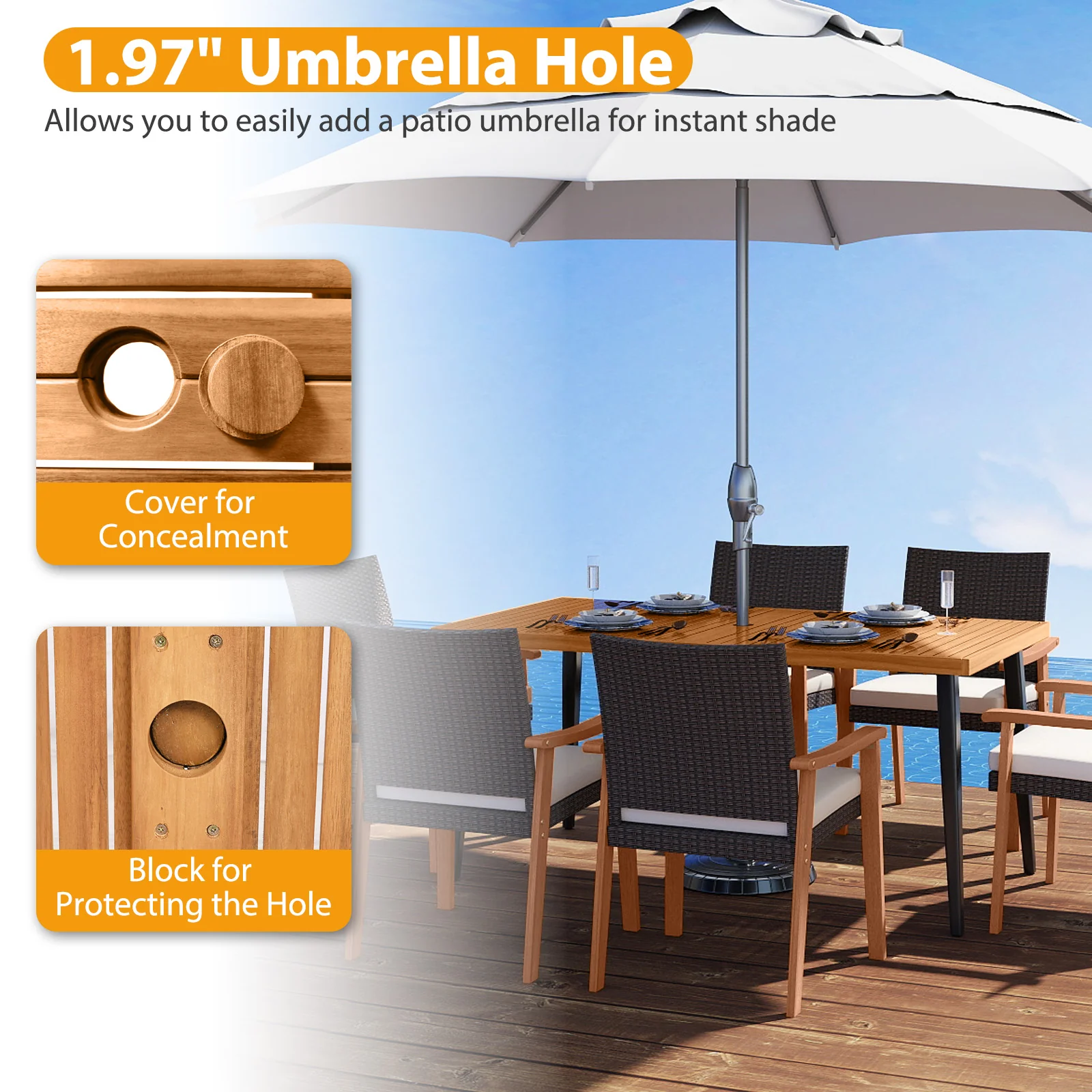 63 Inches Outdoor Indoor Dining Table with 1.97 Inches Umbrella Hole and Metal Legs - Image 8