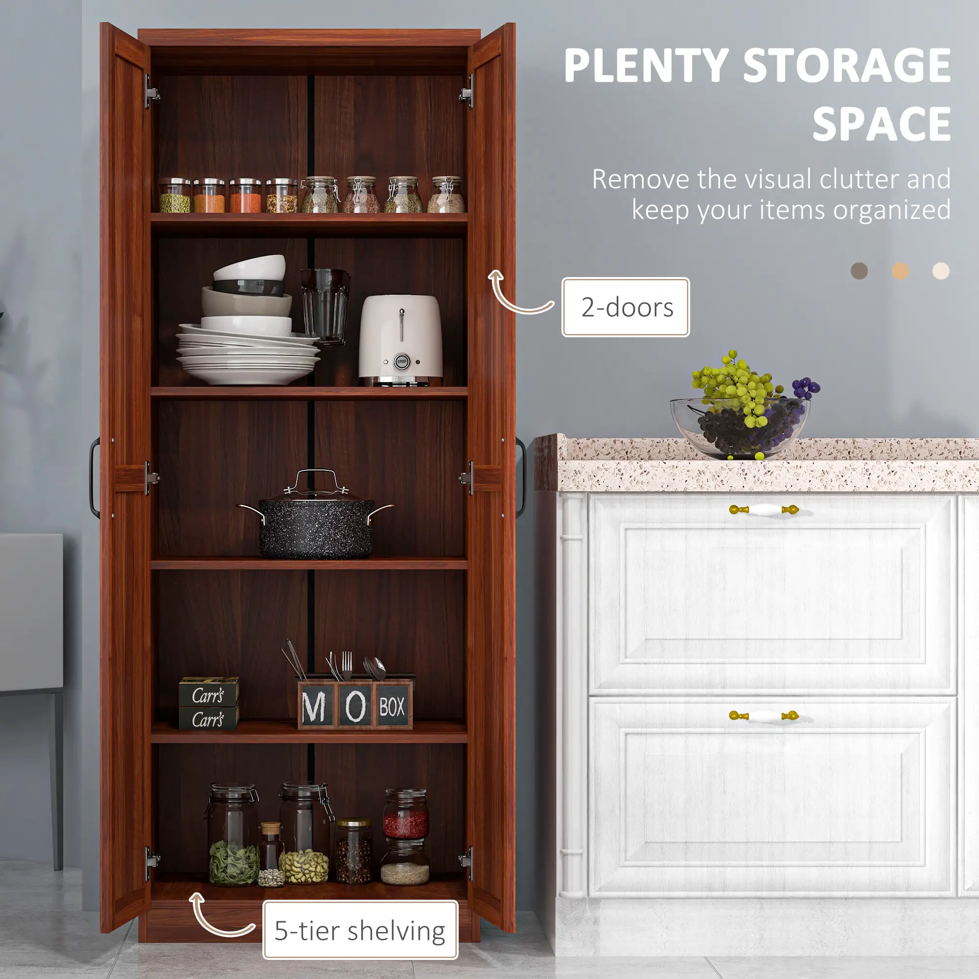 63" Kitchen Storage Cabinet, 5-Tier Pantry with Doors, Adjustable Shelves, Tan - Image 4