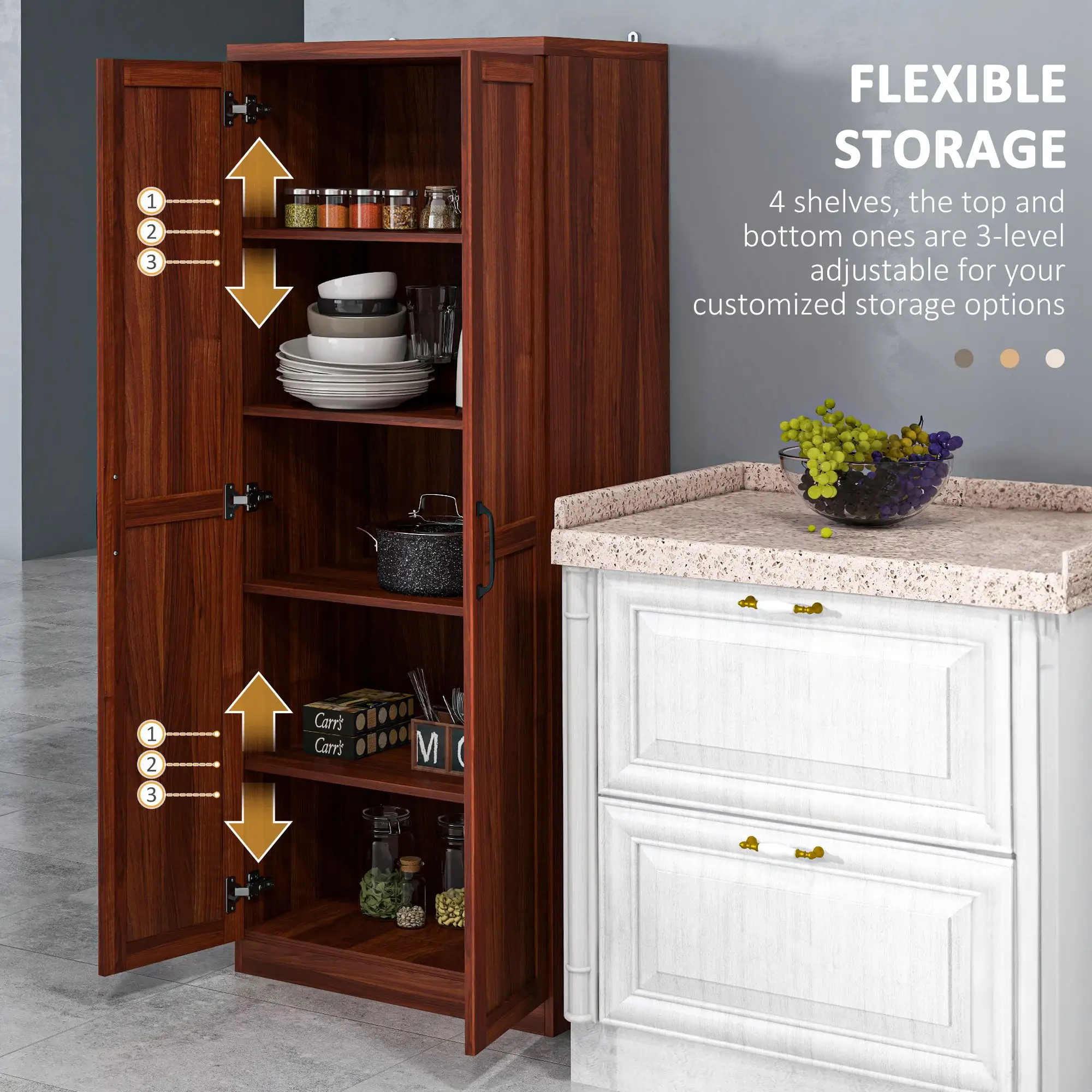 63" Kitchen Storage Cabinet, 5-Tier Pantry with Doors, Adjustable Shelves, Tan - Image 5