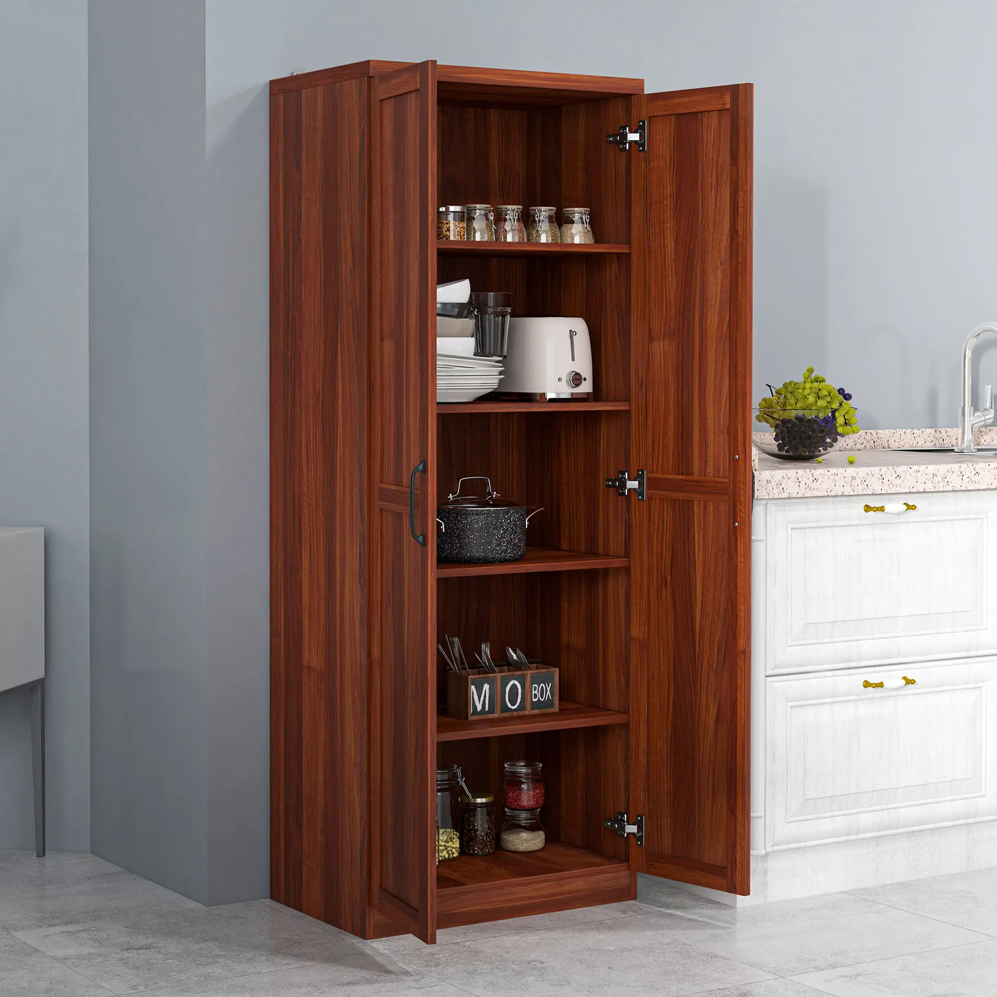 63" Kitchen Storage Cabinet, 5-Tier Pantry with Doors, Adjustable Shelves, Tan - Image 8