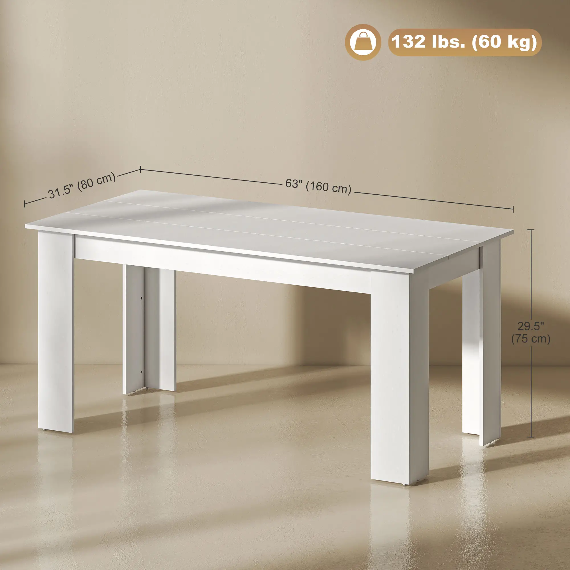 63" Kitchen Table for 4-6 People, Wood Effect, White - Image 3