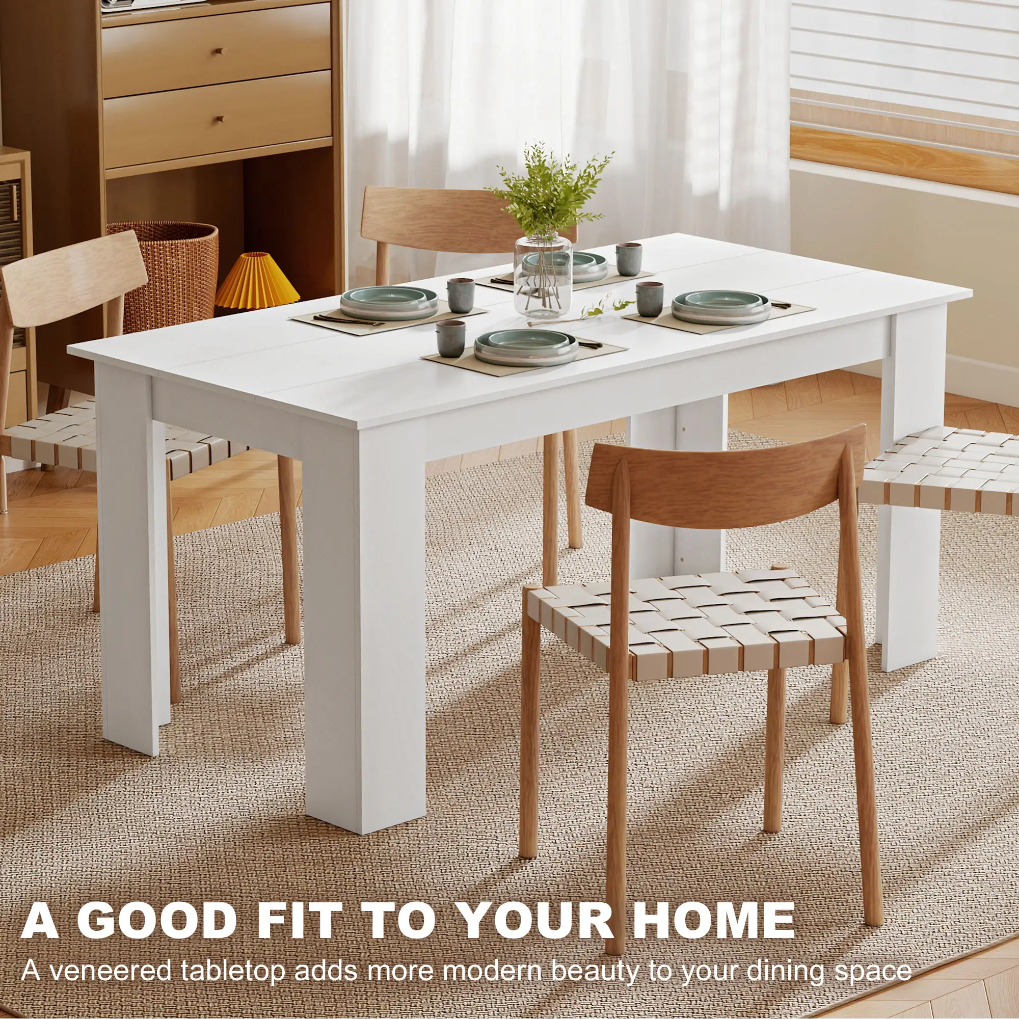 63" Kitchen Table for 4-6 People, Wood Effect, White - Image 4