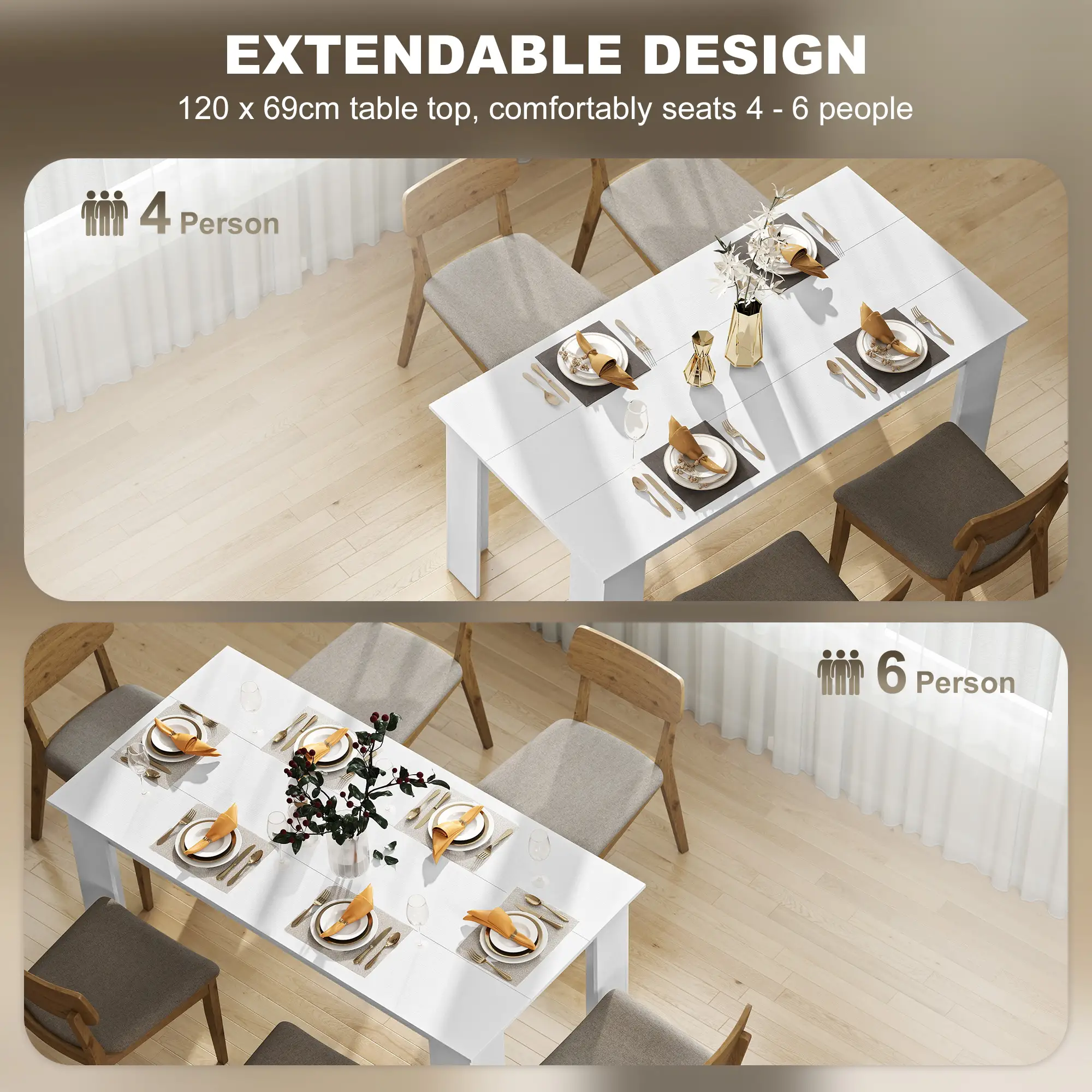 63" Kitchen Table for 4-6 People, Wood Effect, White - Image 5