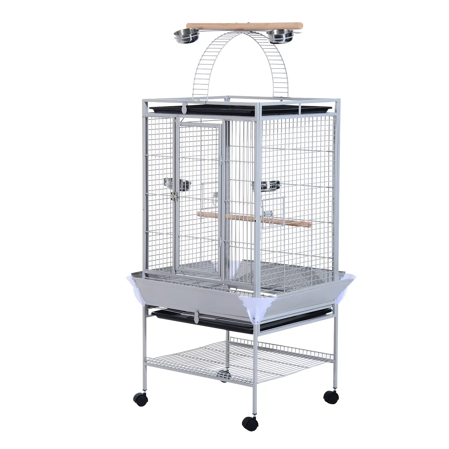 63" Large Parrot Cage, Finch Feeder, Play Top, Silver - Image 11