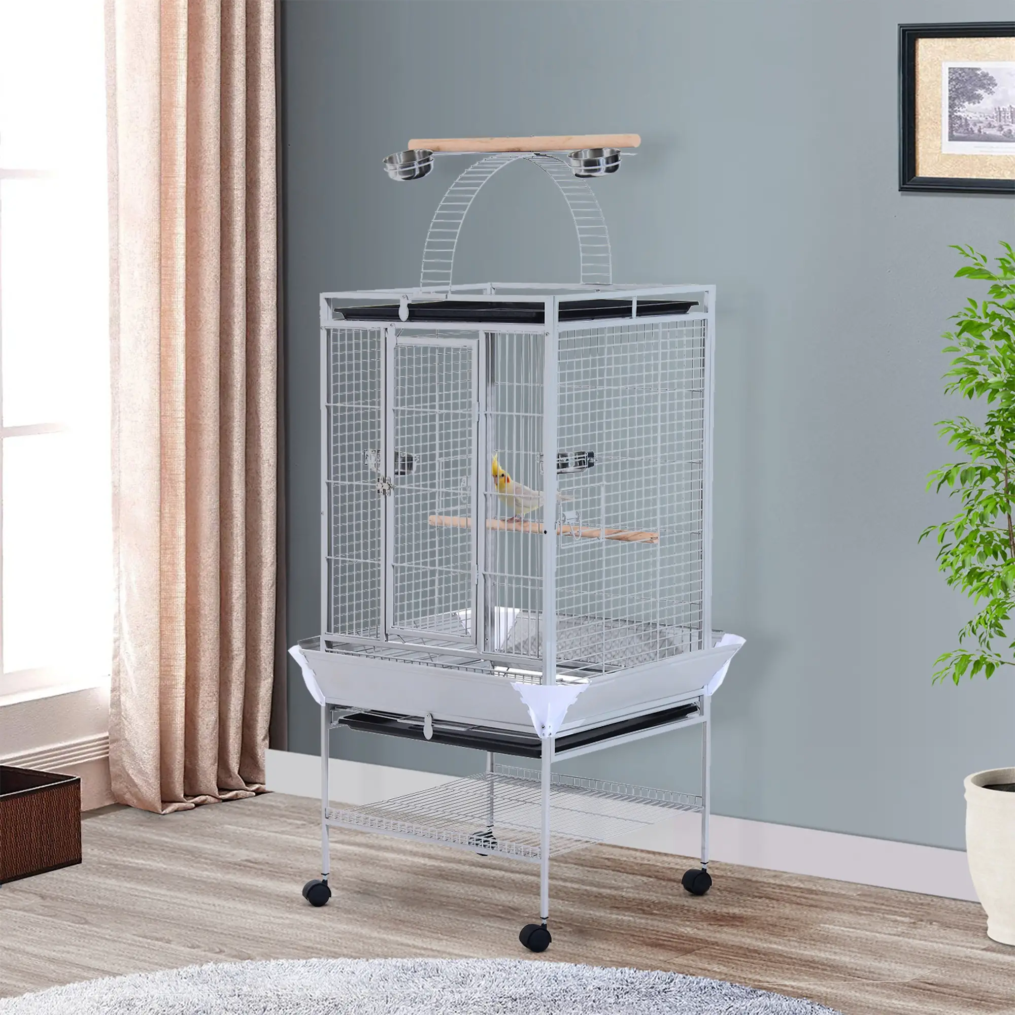 63" Large Parrot Cage, Finch Feeder, Play Top, Silver - Image 2