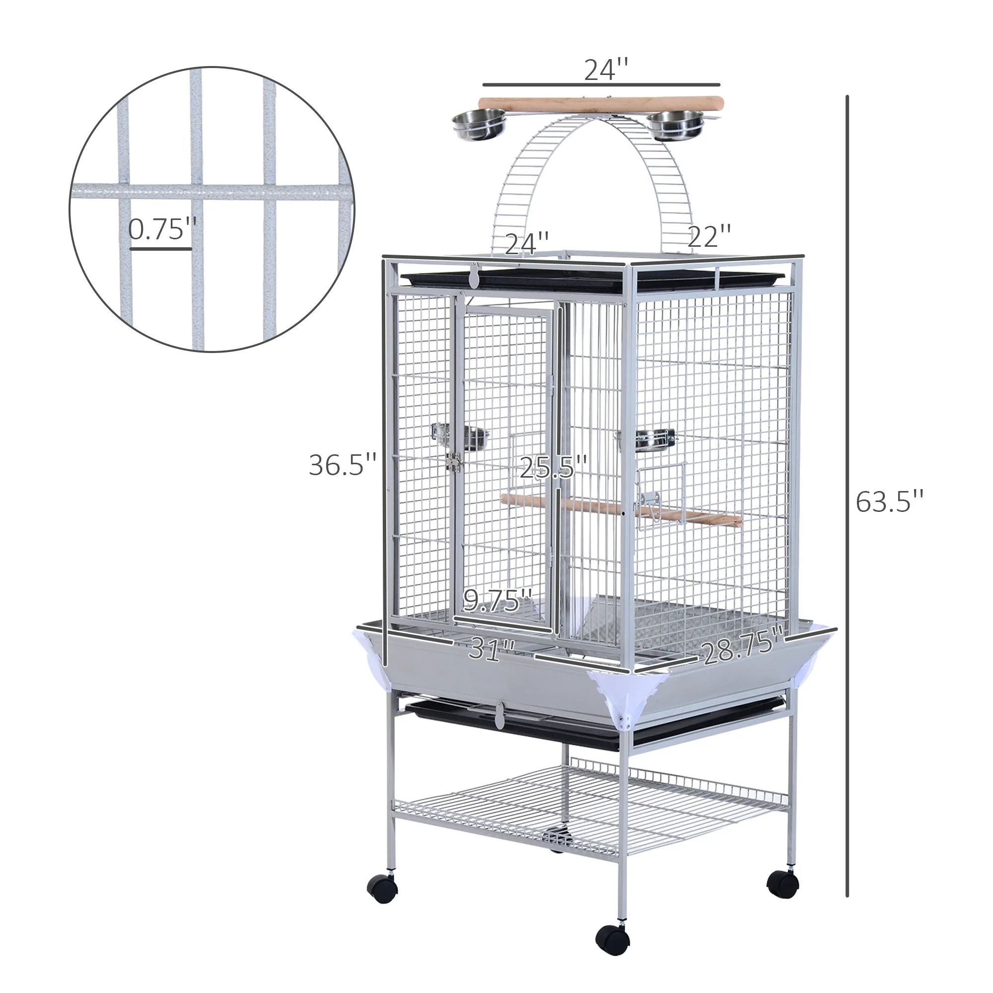 63" Large Parrot Cage, Finch Feeder, Play Top, Silver - Image 3