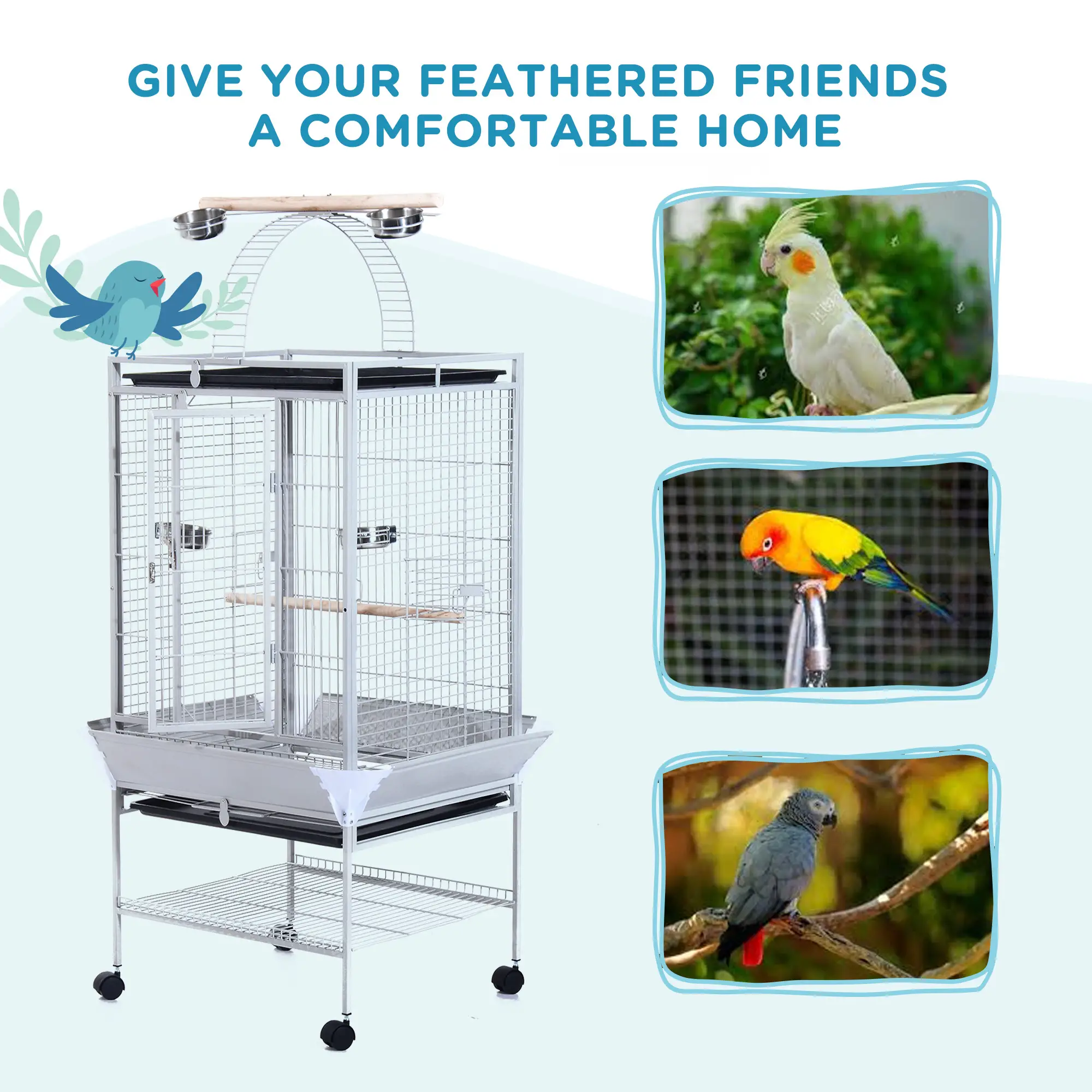 63" Large Parrot Cage, Finch Feeder, Play Top, Silver - Image 4